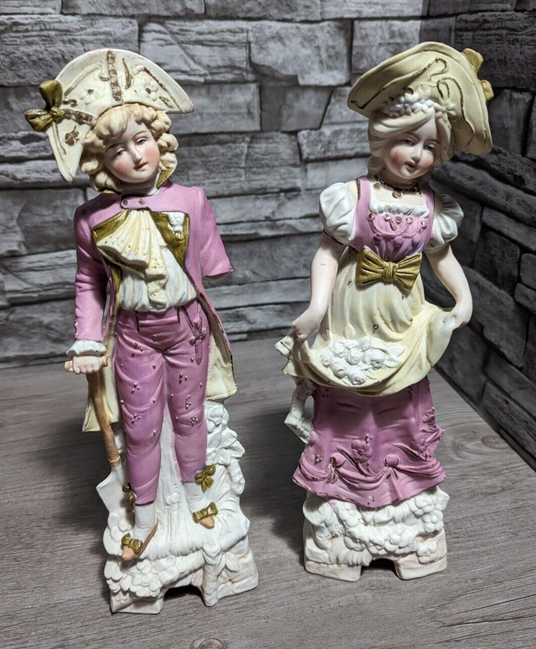 READ Antique German IG DEP 7698 1800s 12" Bisque Porcelain Boy Girl Figurine Set