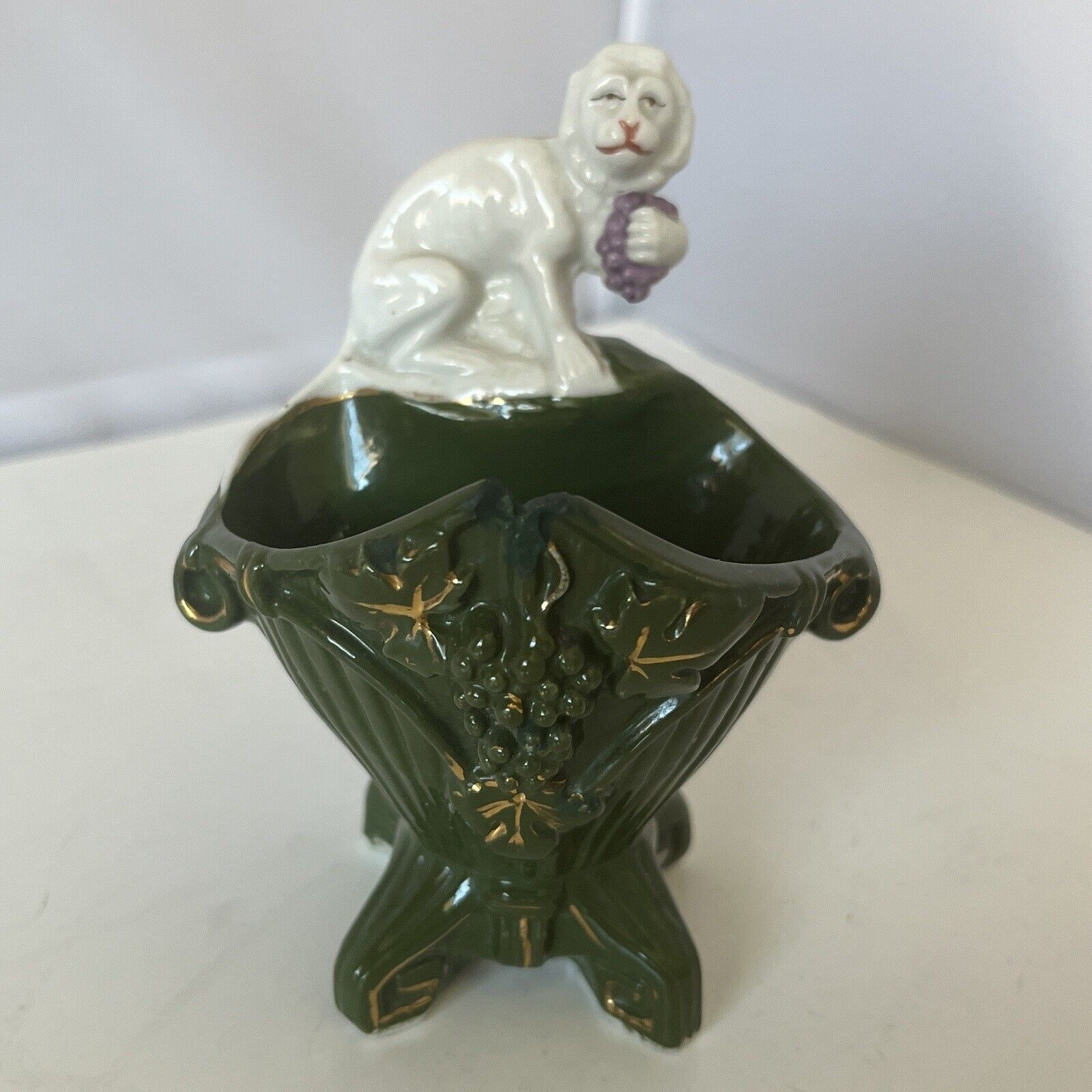 Antique 1800s White Monkey Figurine Holding Grapes Sitting Bowl Cup Ceramic Vtg