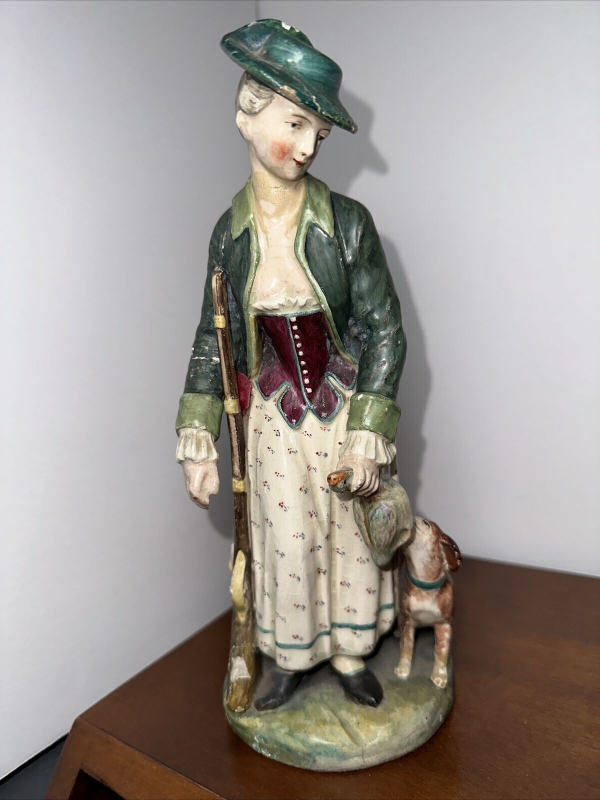 ANTIQUE  19 th CENTURY FIGURINE ~ HUNTRESS WITH RIFLE, DUCK & HER DOG ~
