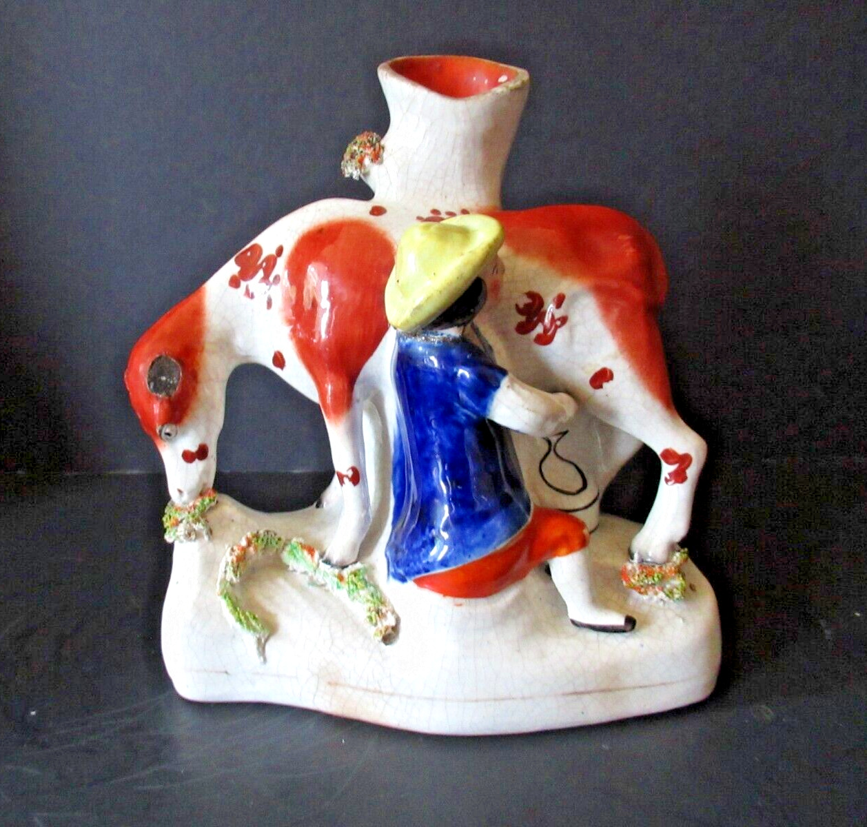 Antique 1800s Staffordshire figurine vase woman milking cow hand painted flawed