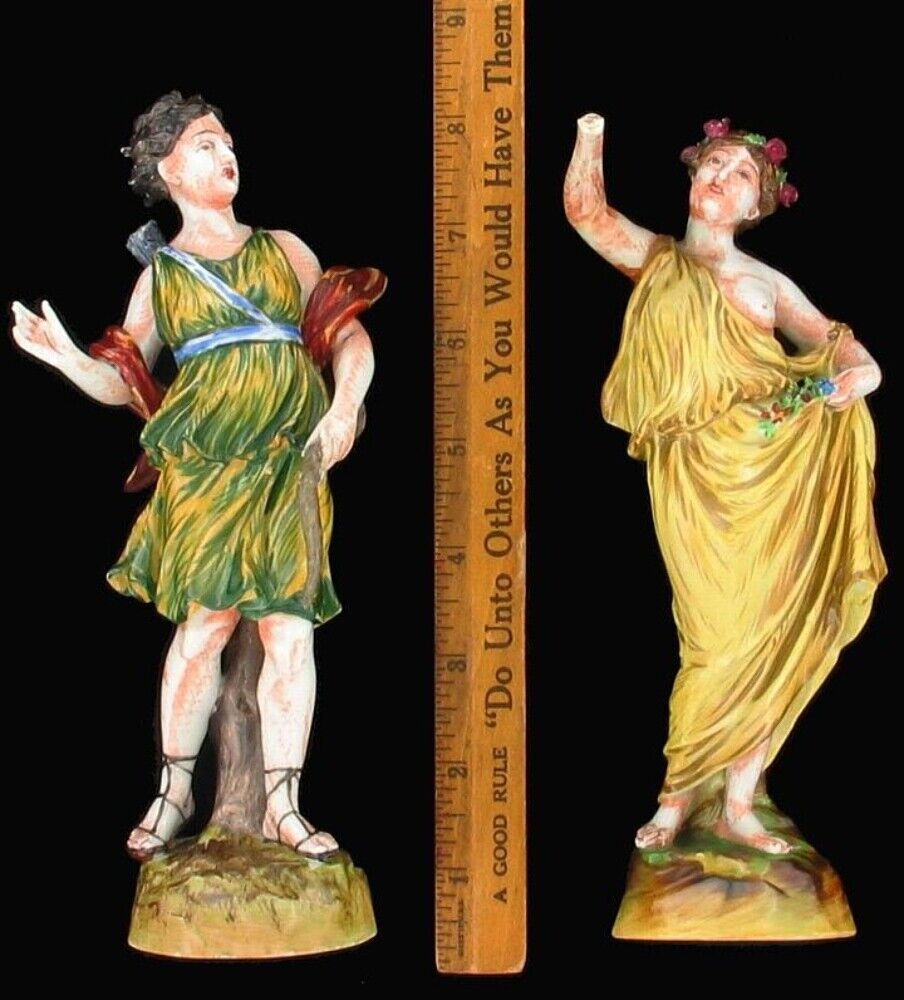 Antique  Capodimonte 1800's Goddess Diana & Flora Classical Figurines Italy 8.75