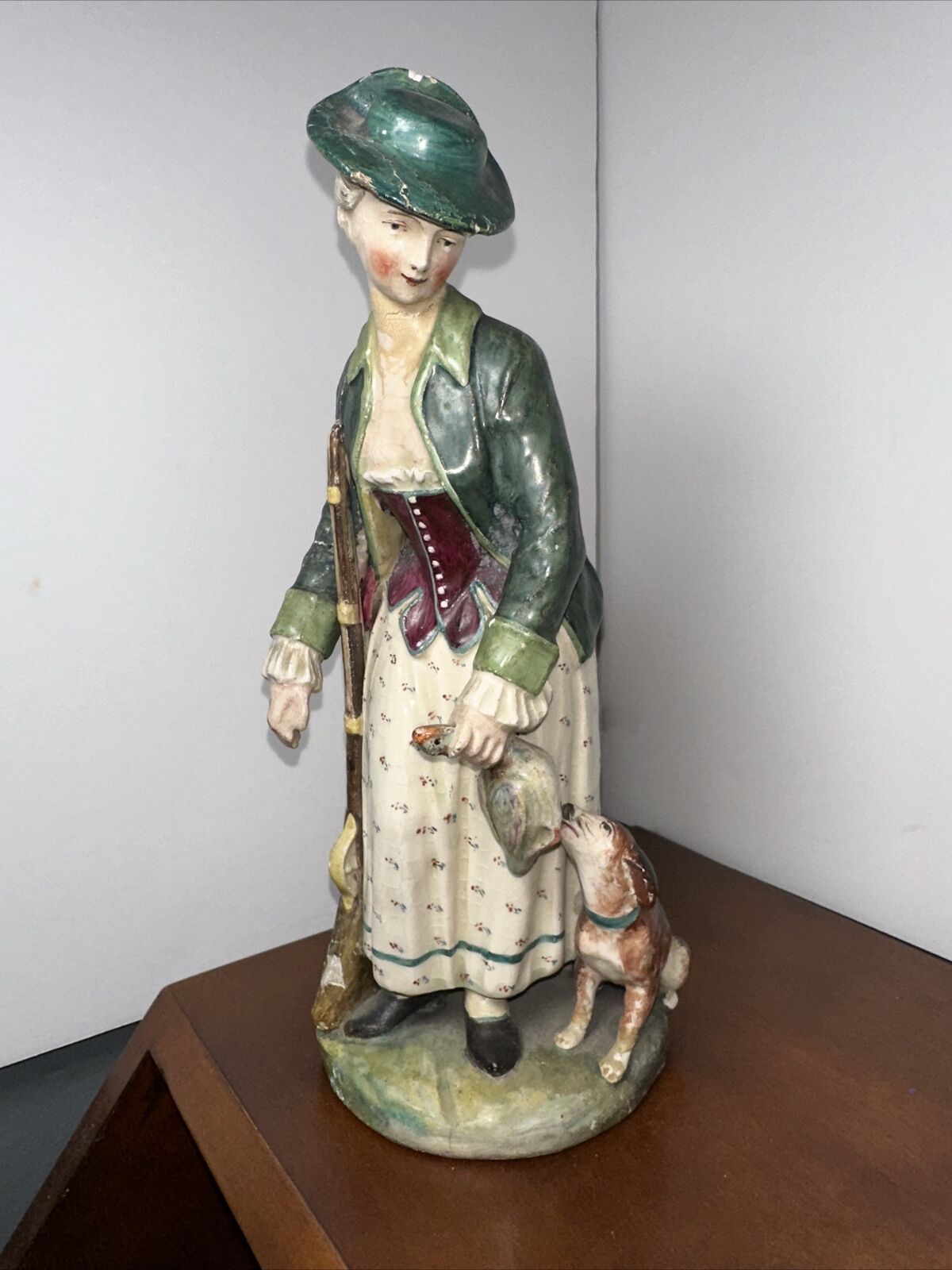 ANTIQUE  19 th CENTURY FIGURINE ~ HUNTRESS WITH RIFLE, DUCK & HER DOG ~