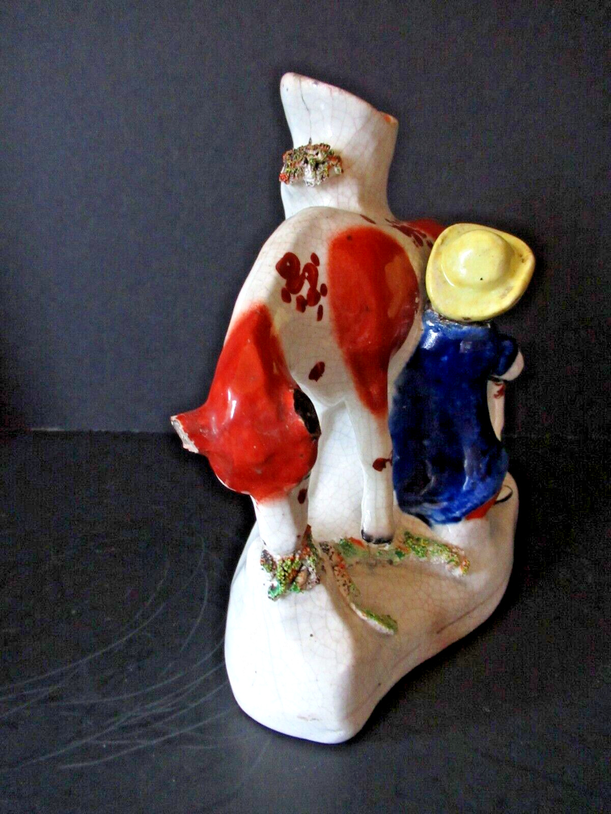 Antique 1800s Staffordshire figurine vase woman milking cow hand painted flawed