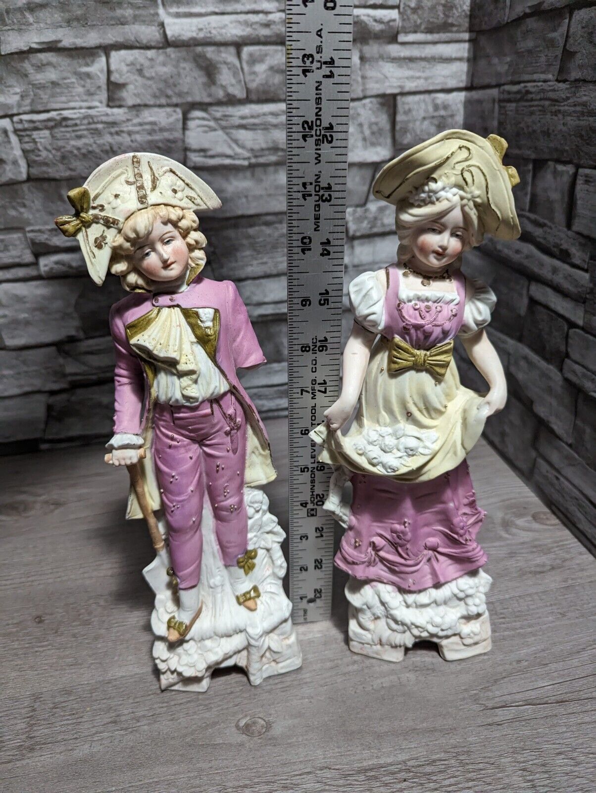 READ Antique German IG DEP 7698 1800s 12" Bisque Porcelain Boy Girl Figurine Set
