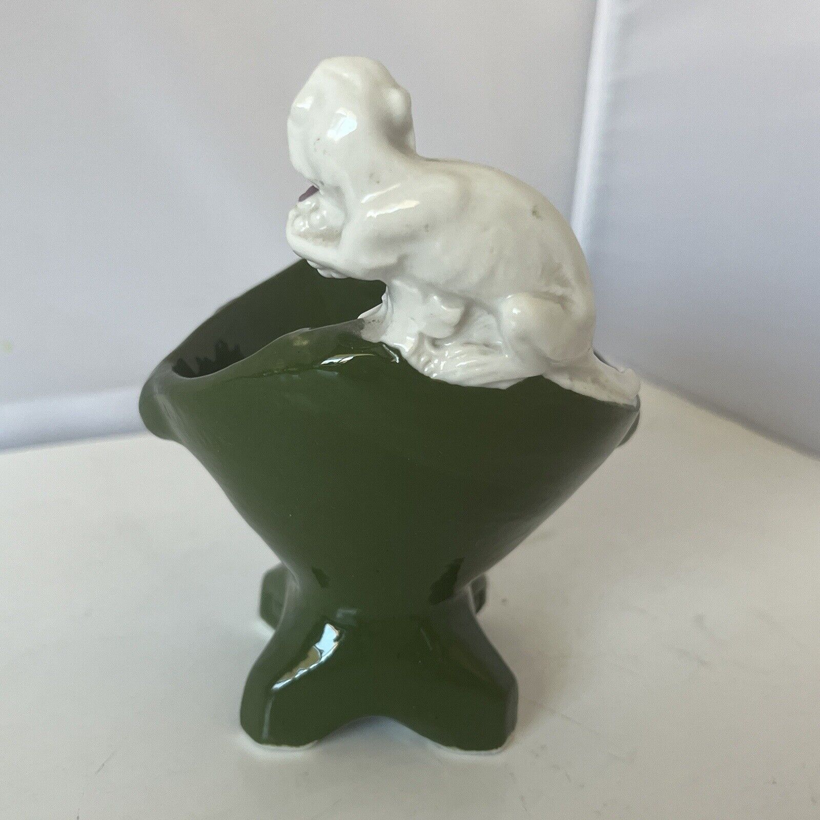 Antique 1800s White Monkey Figurine Holding Grapes Sitting Bowl Cup Ceramic Vtg