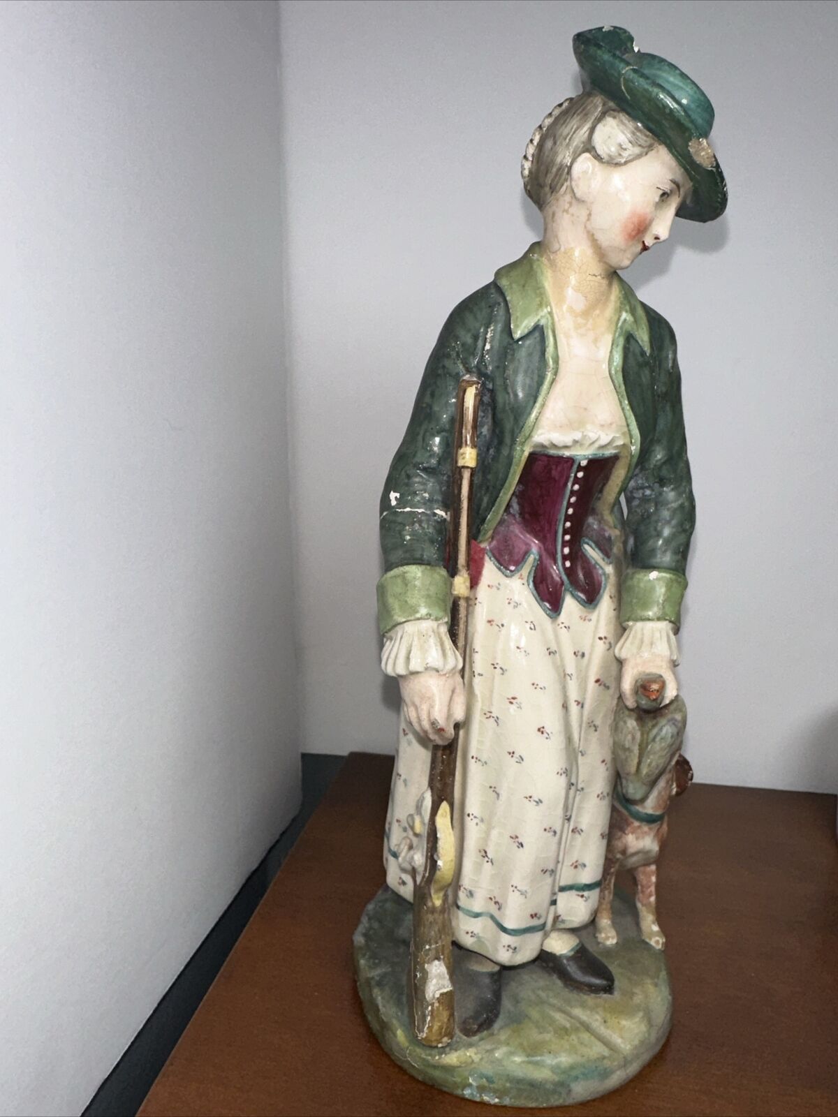 ANTIQUE  19 th CENTURY FIGURINE ~ HUNTRESS WITH RIFLE, DUCK & HER DOG ~