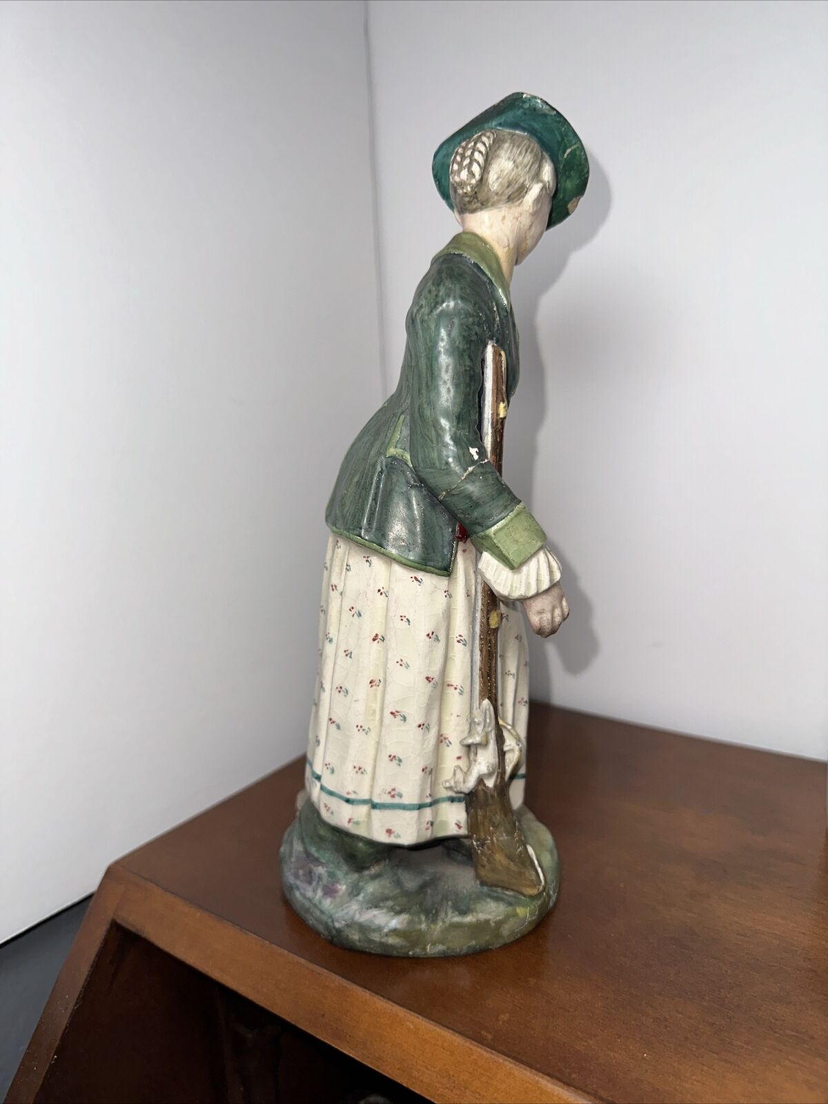 ANTIQUE  19 th CENTURY FIGURINE ~ HUNTRESS WITH RIFLE, DUCK & HER DOG ~