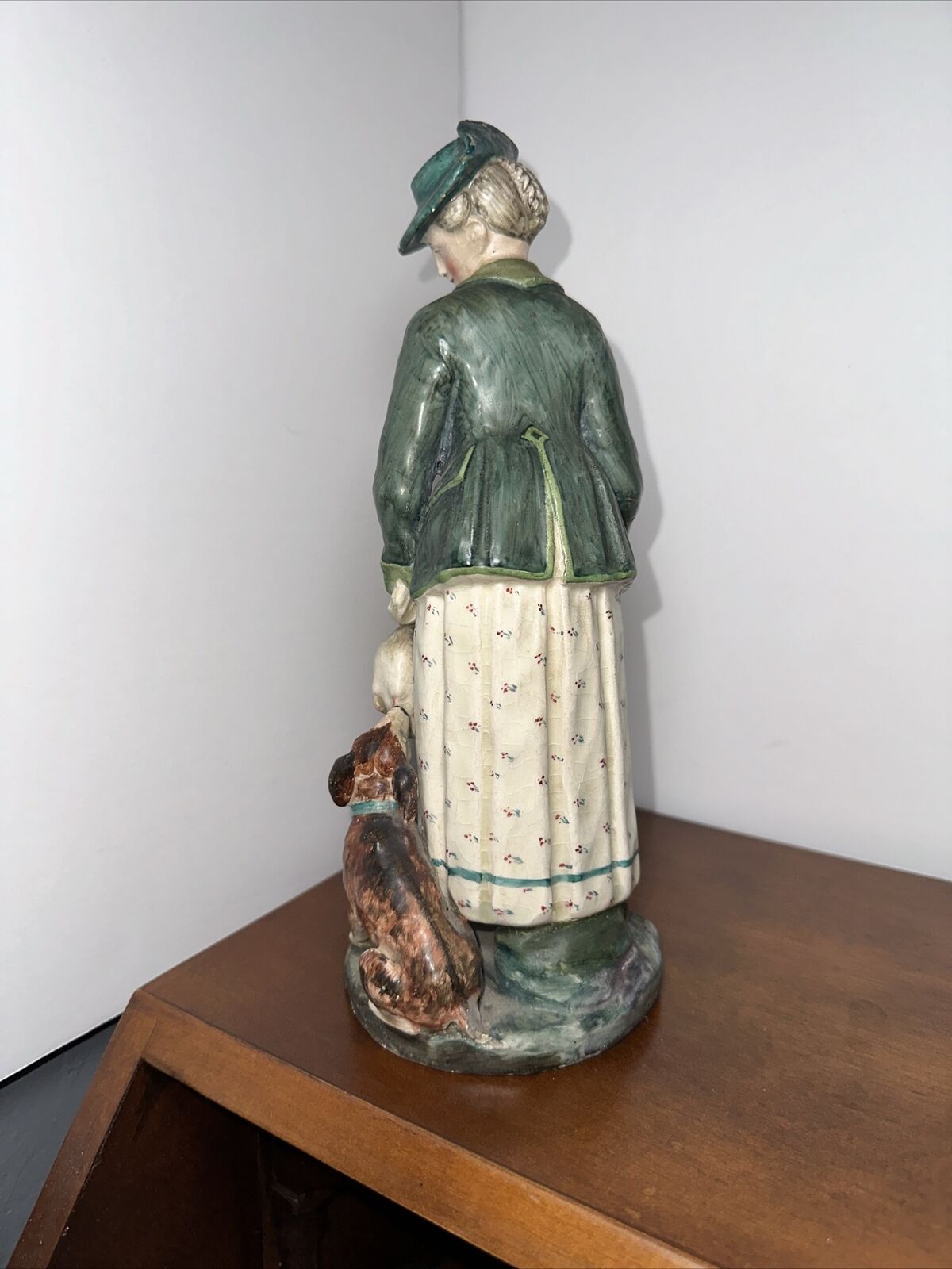 ANTIQUE  19 th CENTURY FIGURINE ~ HUNTRESS WITH RIFLE, DUCK & HER DOG ~