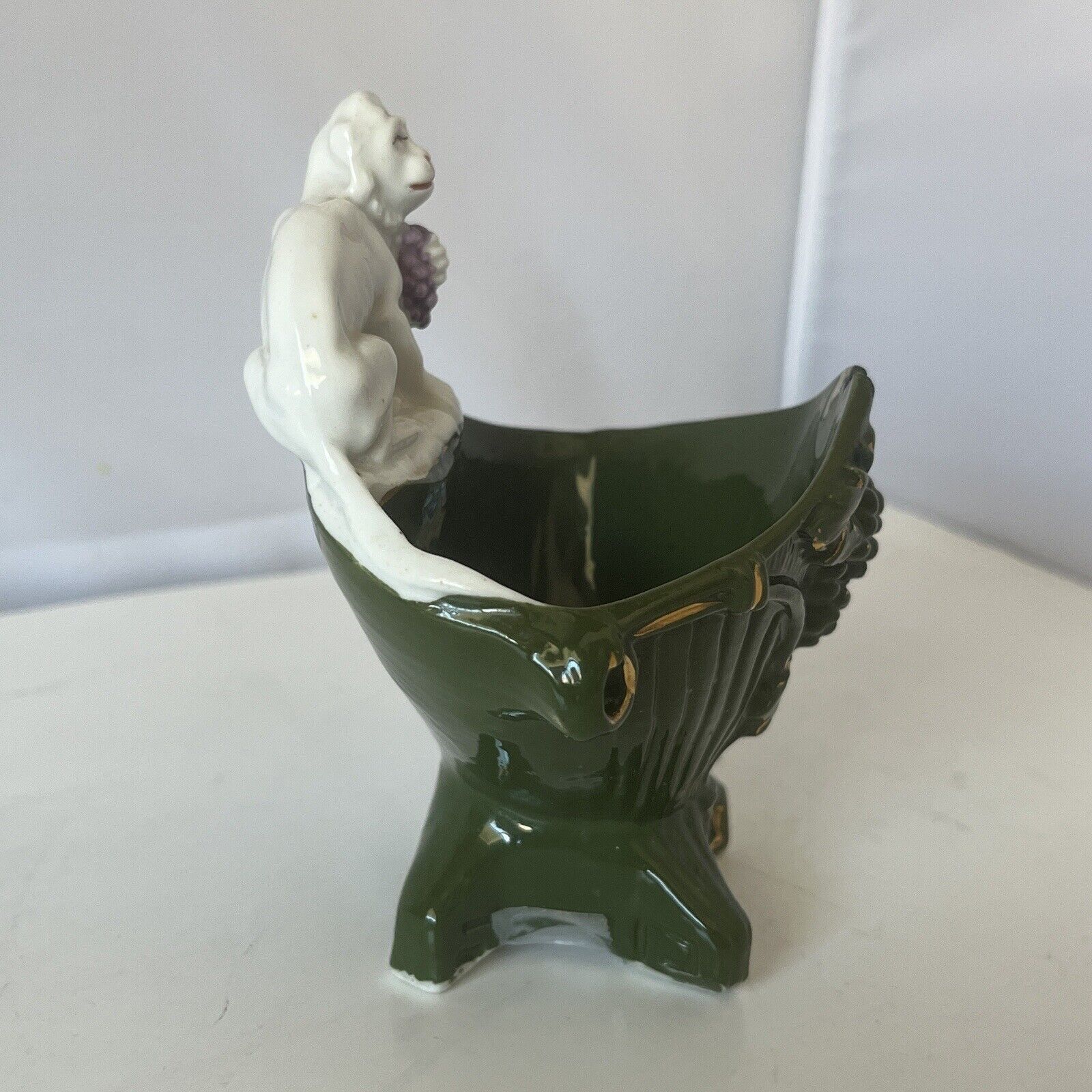 Antique 1800s White Monkey Figurine Holding Grapes Sitting Bowl Cup Ceramic Vtg