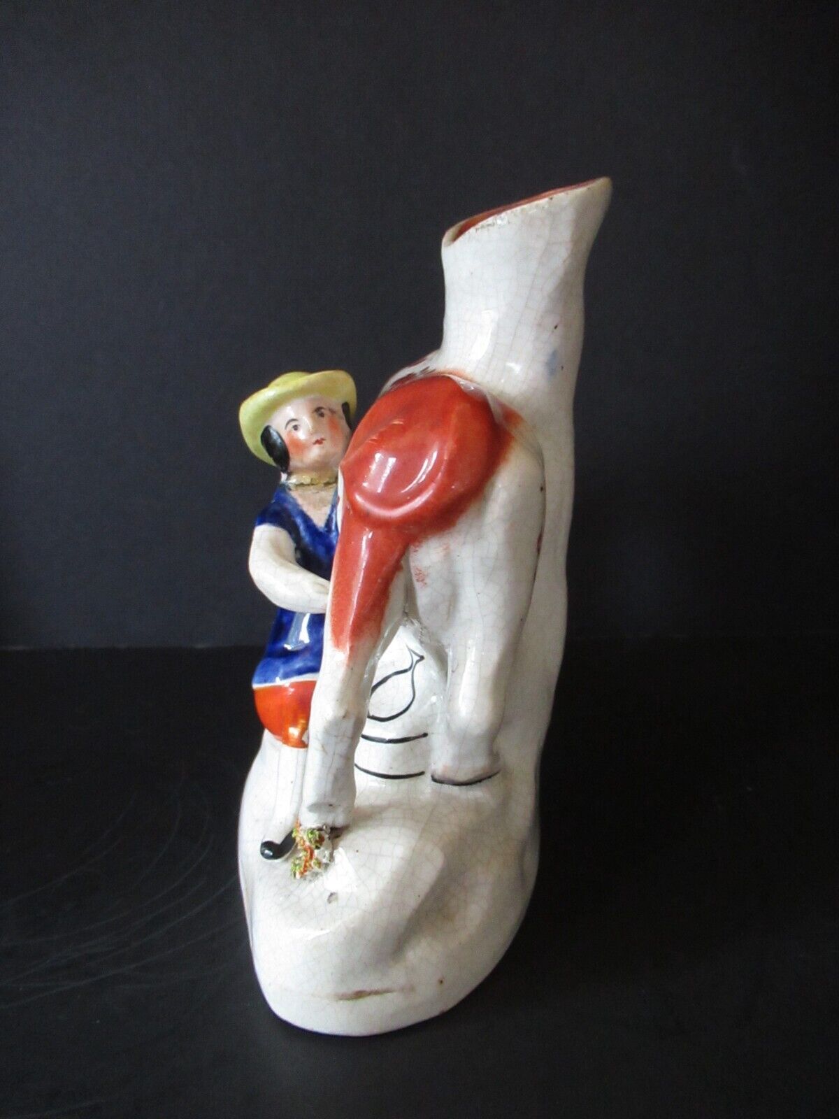 Antique 1800s Staffordshire figurine vase woman milking cow hand painted flawed