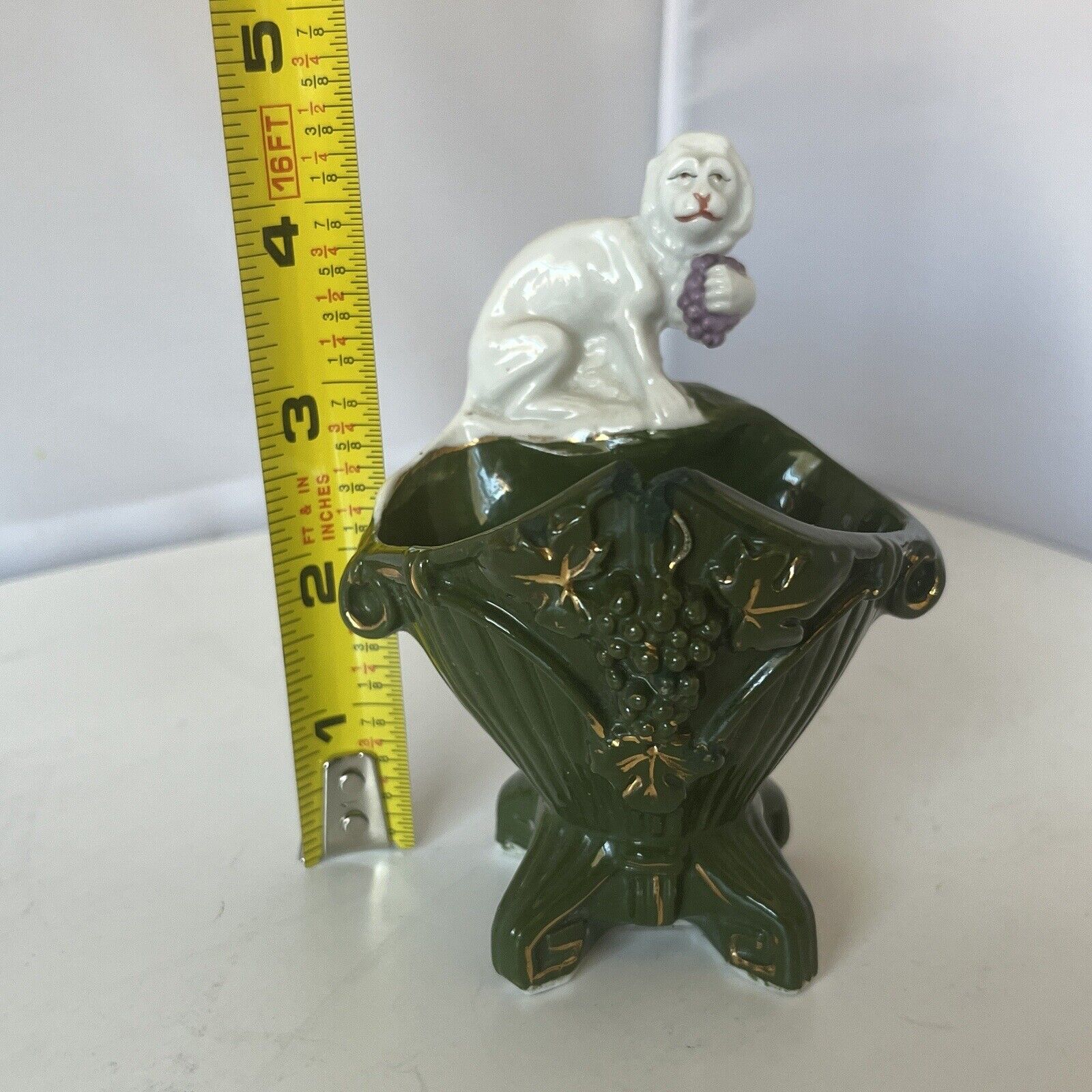 Antique 1800s White Monkey Figurine Holding Grapes Sitting Bowl Cup Ceramic Vtg