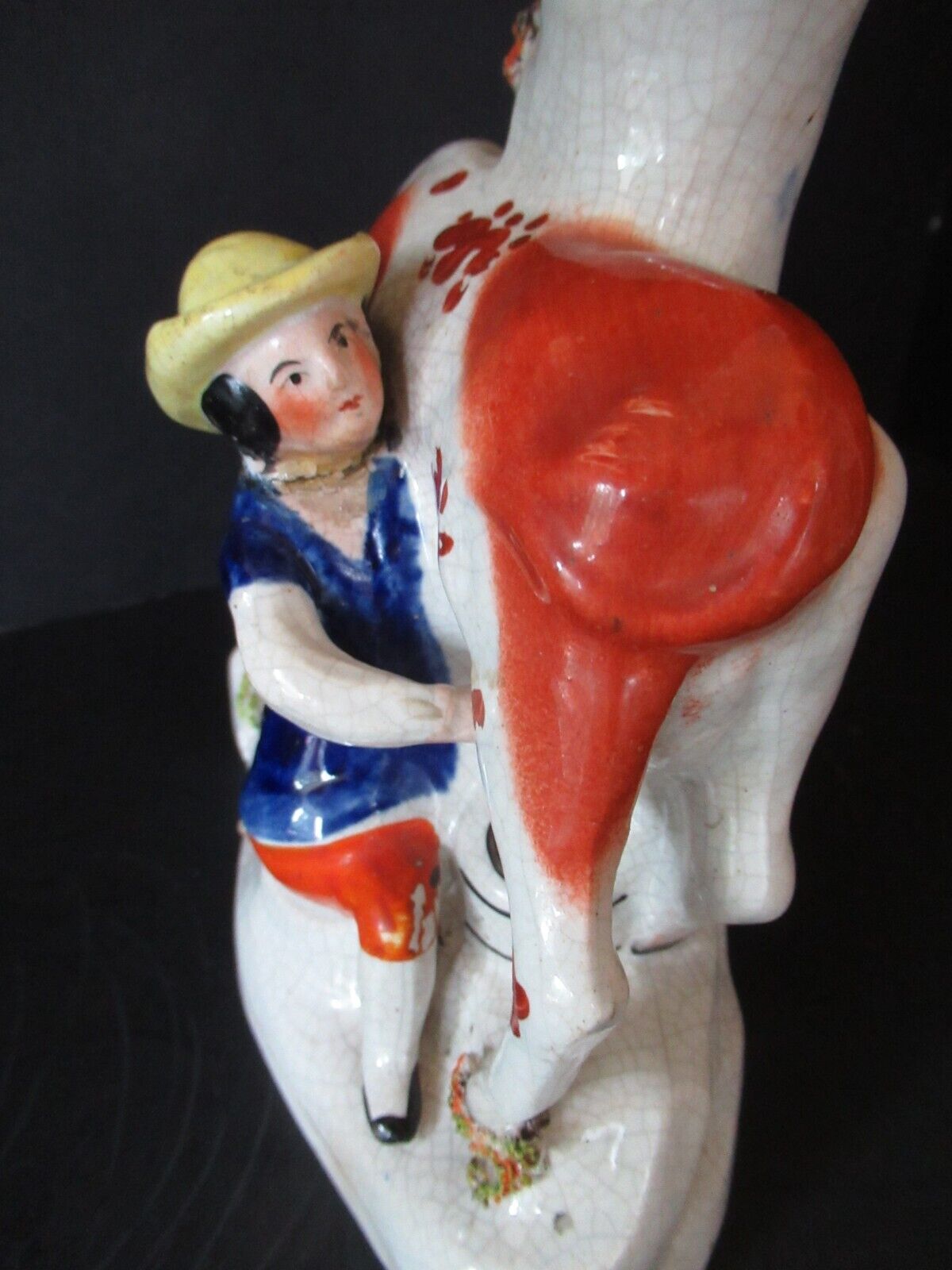 Antique 1800s Staffordshire figurine vase woman milking cow hand painted flawed
