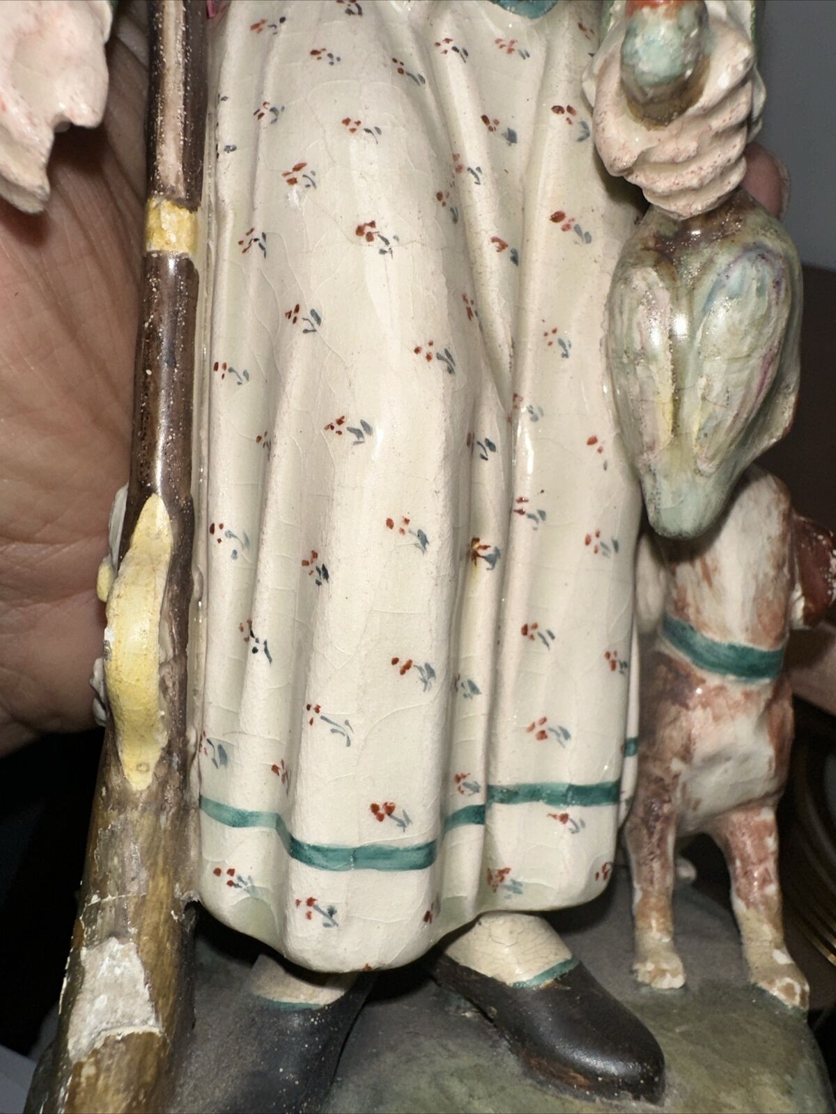 ANTIQUE  19 th CENTURY FIGURINE ~ HUNTRESS WITH RIFLE, DUCK & HER DOG ~