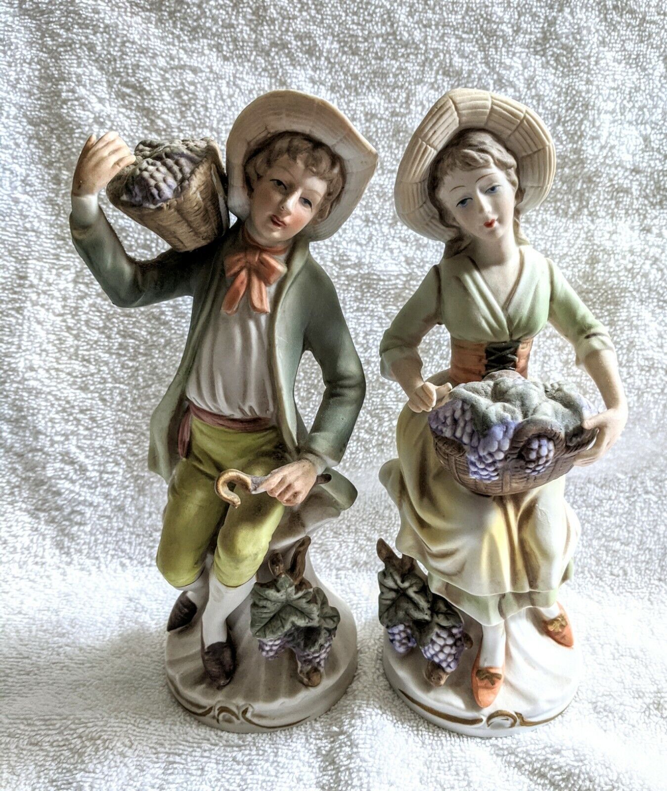 Ardco Boy #184 & Homco Girl #1258 1800's Style Figurines w/Grape Baskets
