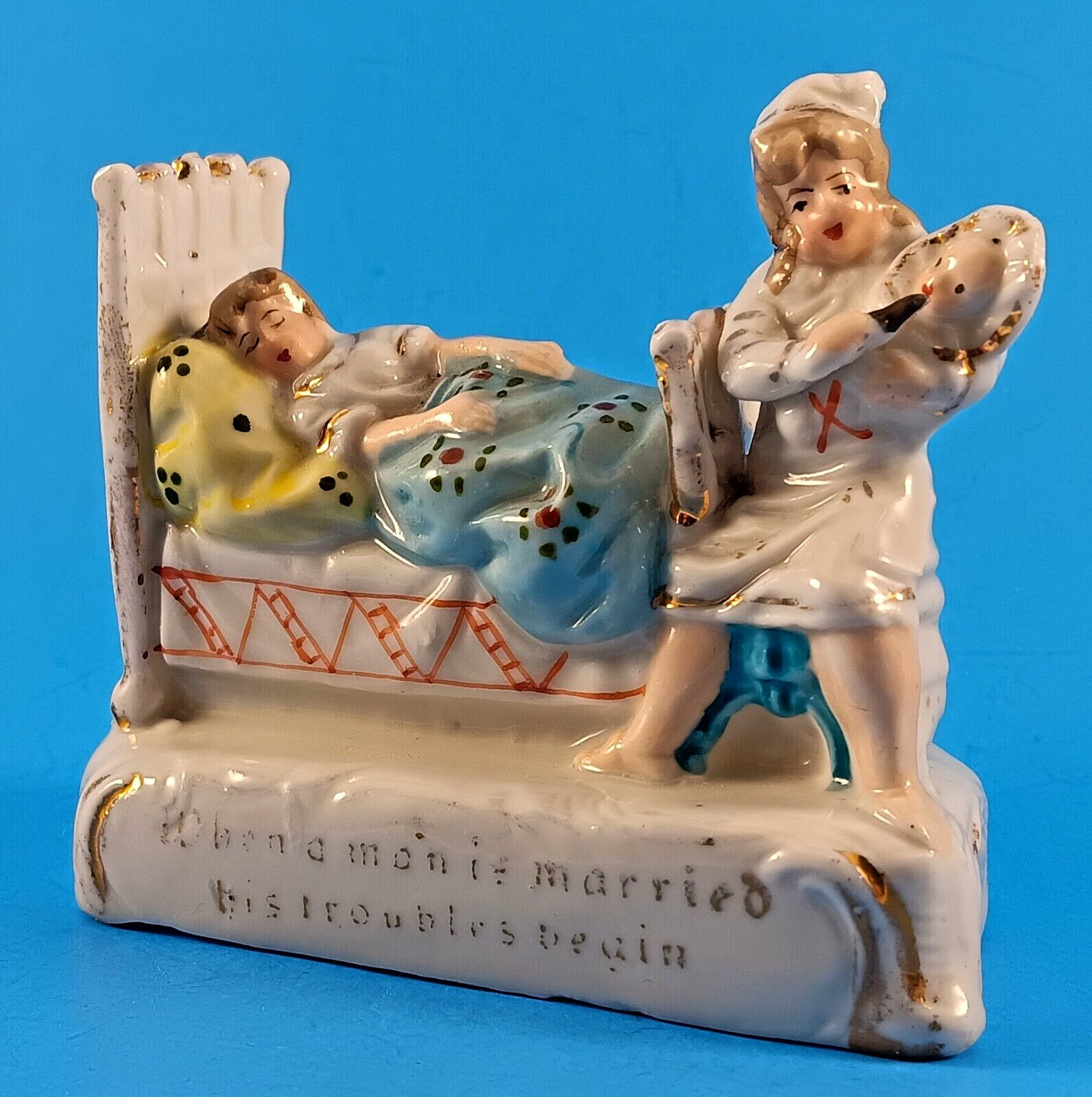1800's German Victorian Porcelain  "When a Man is Married his troubles begin"