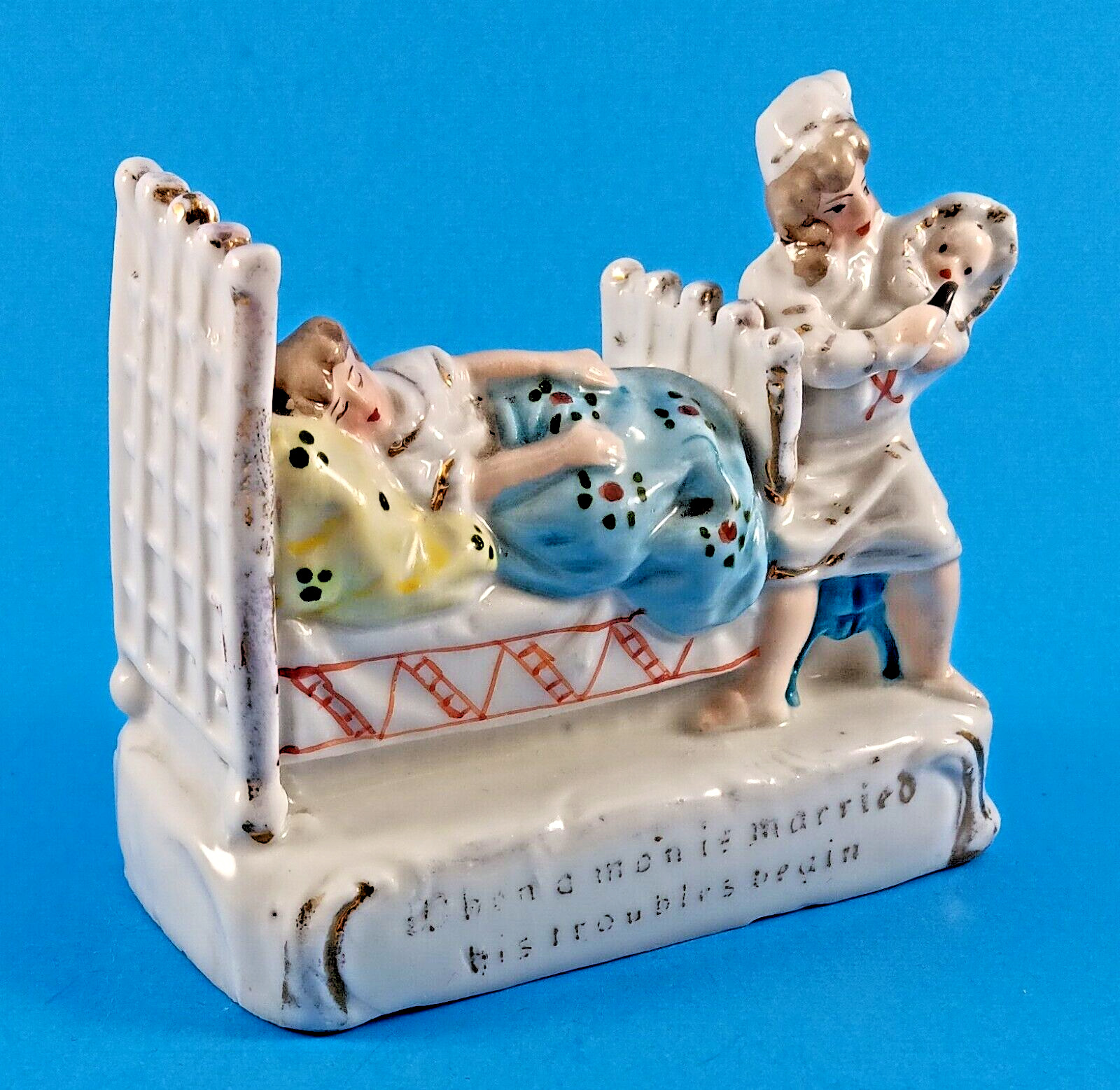 1800's German Victorian Porcelain  "When a Man is Married his troubles begin"