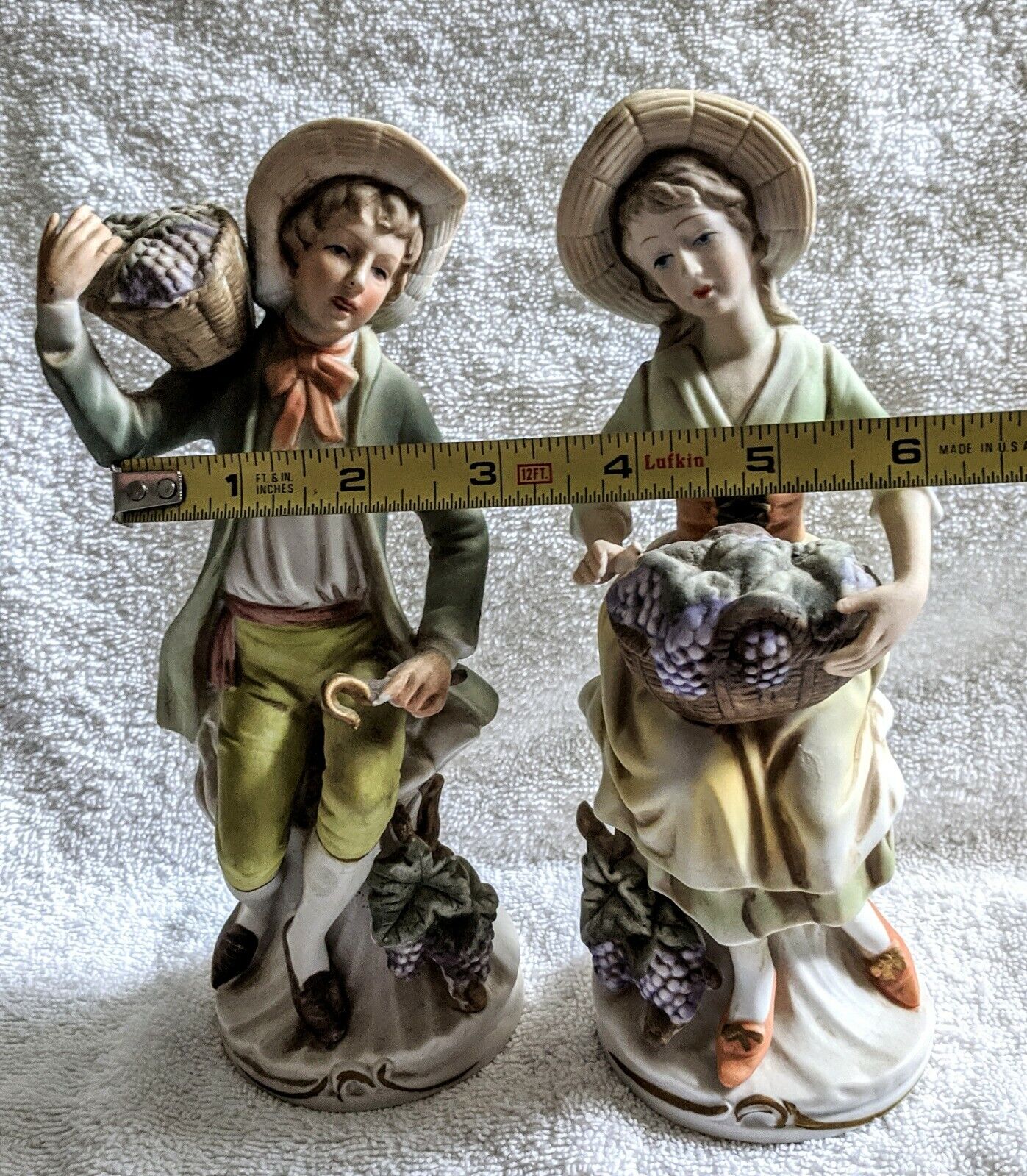 Ardco Boy #184 & Homco Girl #1258 1800's Style Figurines w/Grape Baskets