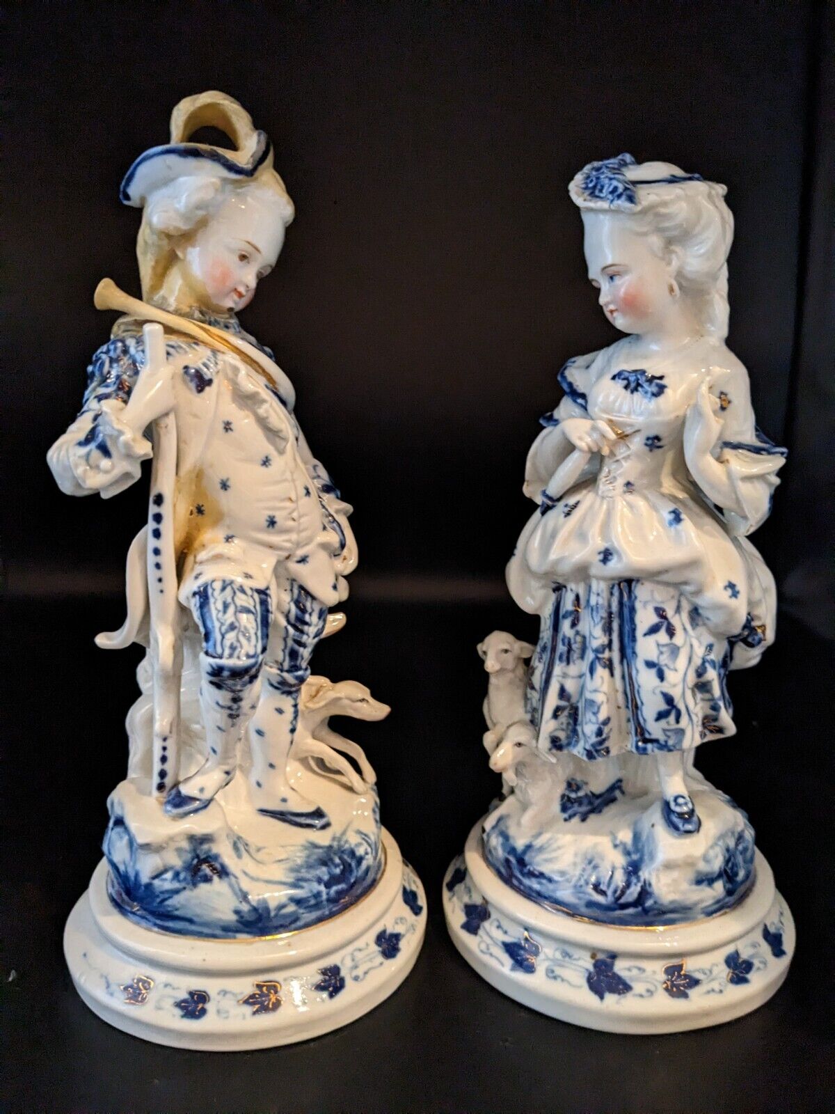 1800s German Conta & Boehme Glazed Porcelain Shephard & Shepherdess Figurines 9"