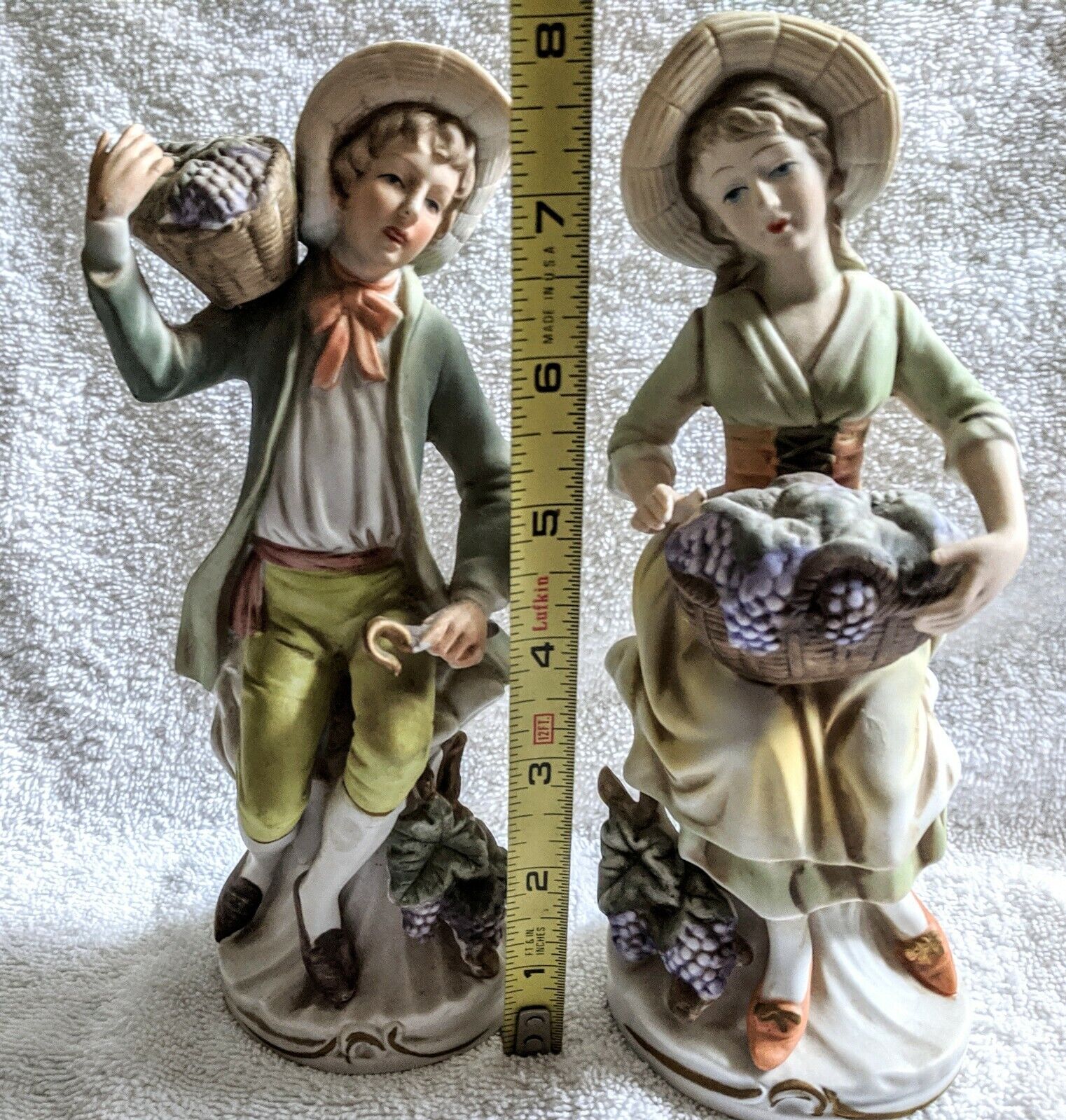 Ardco Boy #184 & Homco Girl #1258 1800's Style Figurines w/Grape Baskets