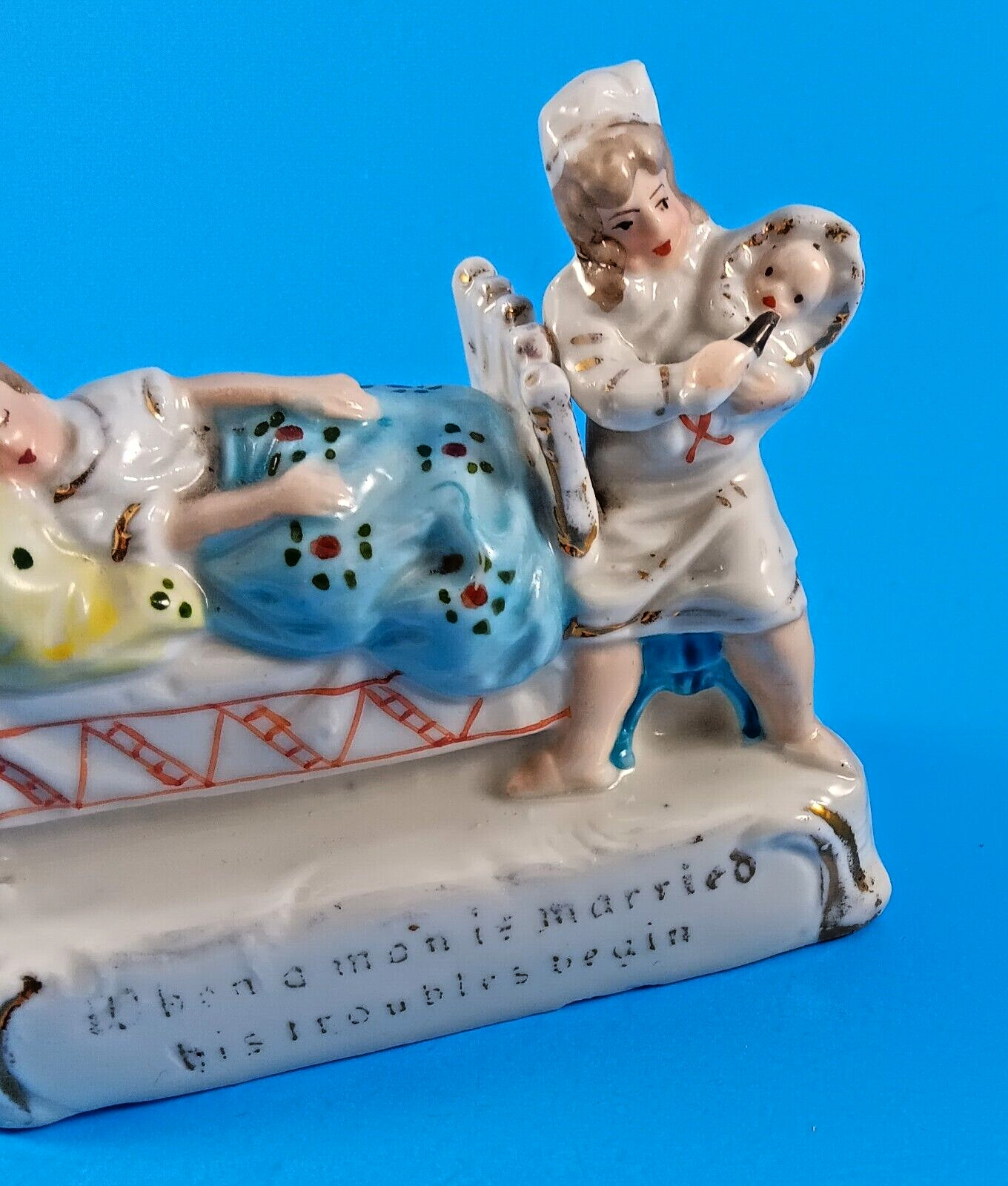 1800's German Victorian Porcelain  "When a Man is Married his troubles begin"