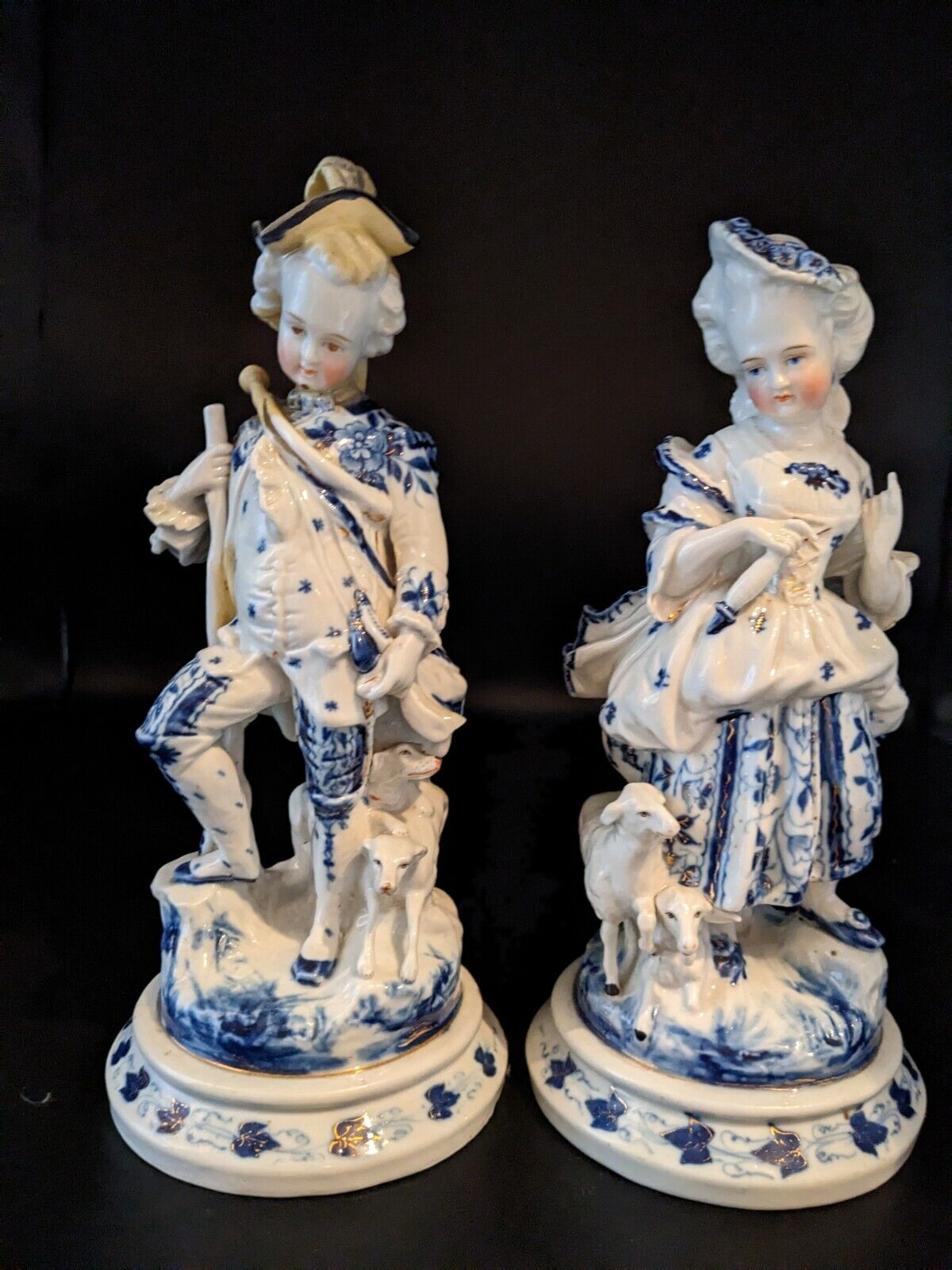 1800s German Conta & Boehme Glazed Porcelain Shephard & Shepherdess Figurines 9"