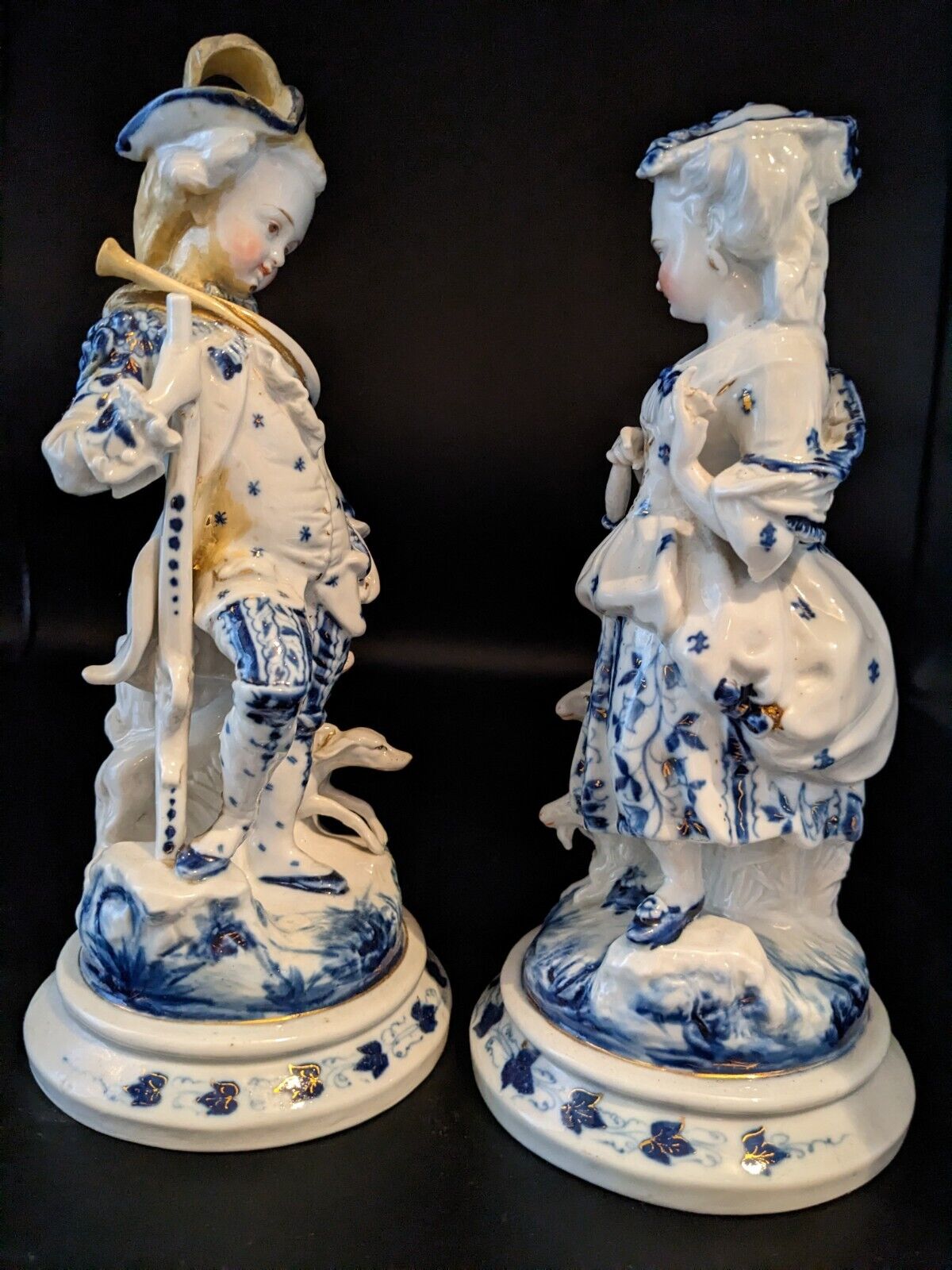 1800s German Conta & Boehme Glazed Porcelain Shephard & Shepherdess Figurines 9"