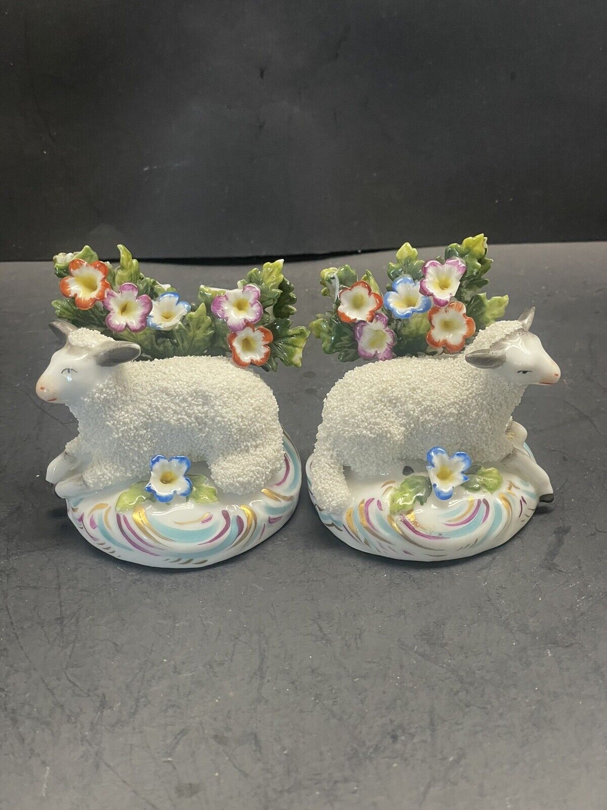 1800’s German made Porcelain Encrusted Flocked Sheep Lamb pair as is