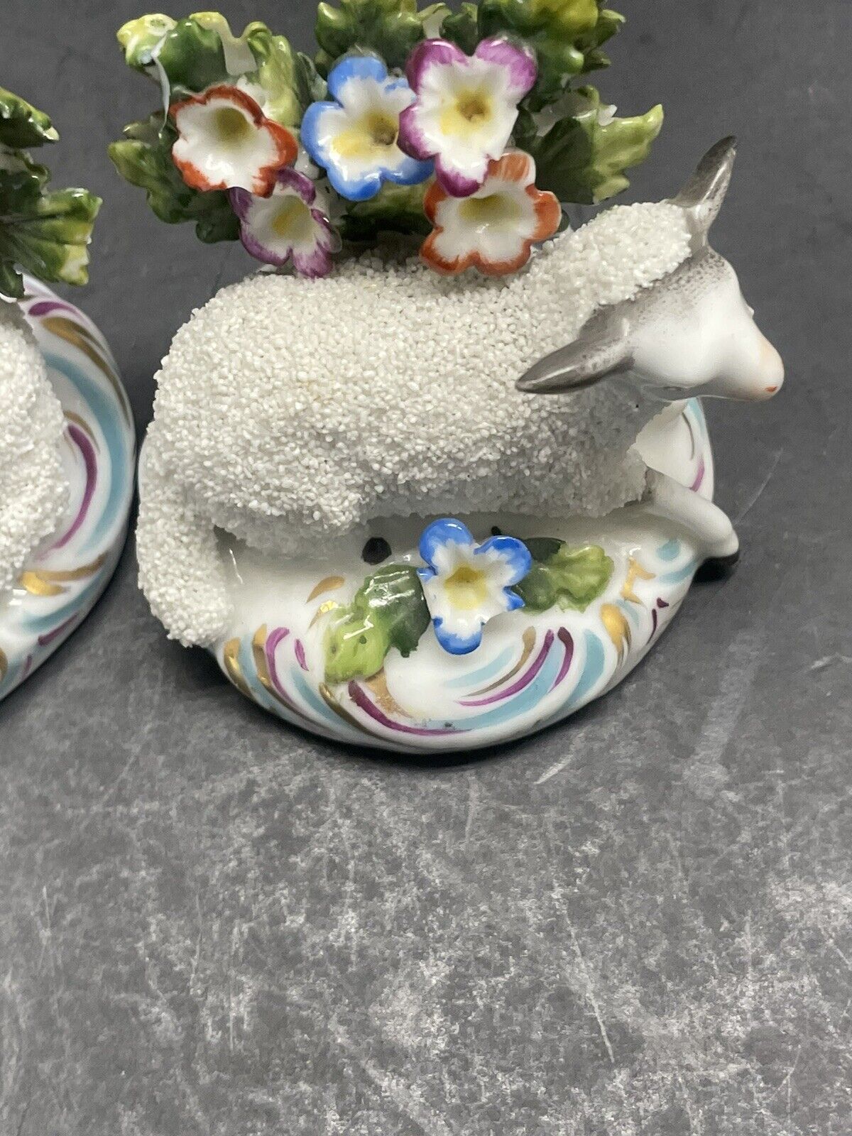 1800’s  German made Porcelain Encrusted Flocked Sheep Lamb pair as is