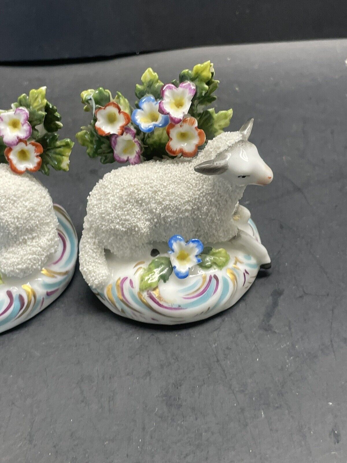 1800’s  German made Porcelain Encrusted Flocked Sheep Lamb pair as is