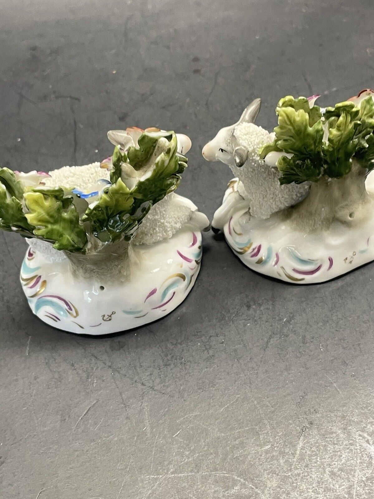 1800’s  German made Porcelain Encrusted Flocked Sheep Lamb pair as is