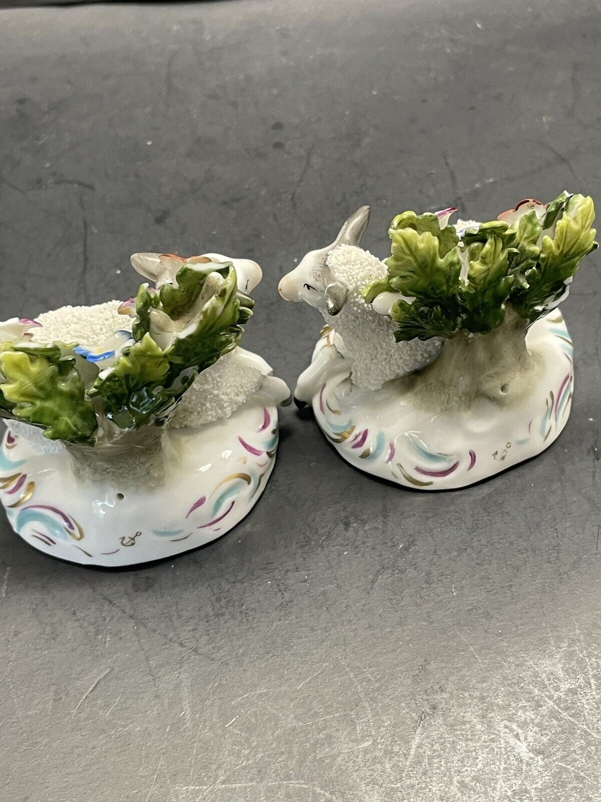 1800’s  German made Porcelain Encrusted Flocked Sheep Lamb pair as is