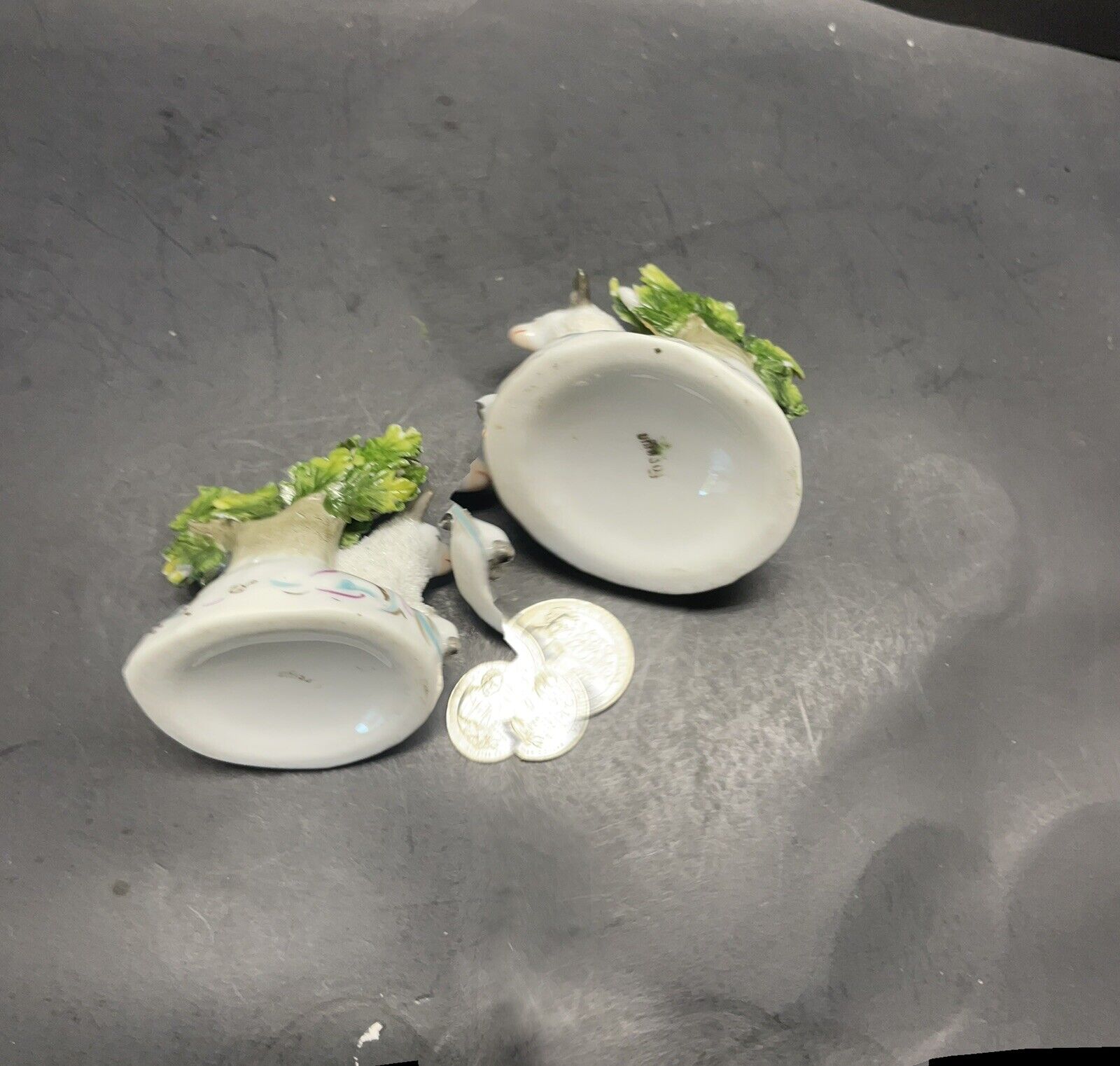 1800’s  German made Porcelain Encrusted Flocked Sheep Lamb pair as is