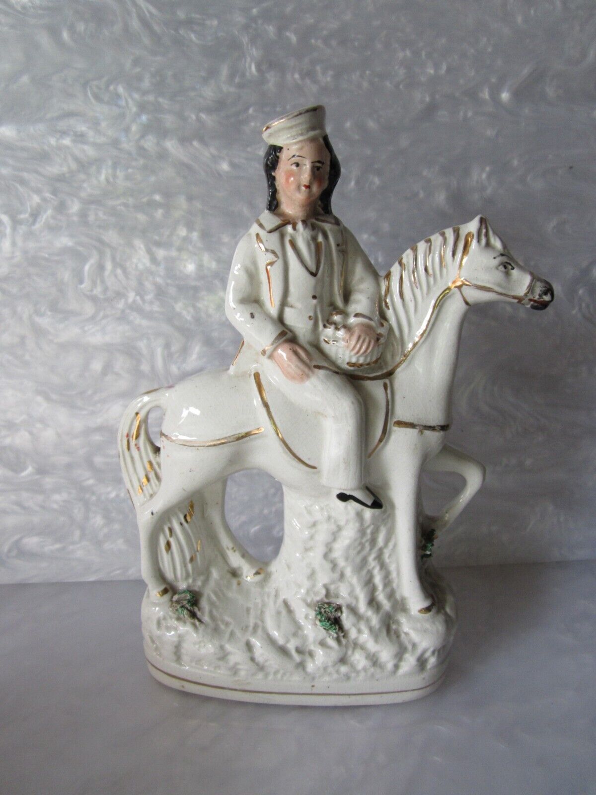 BEAUTIFUL ORIGINAL ANTIQUE 1800S STAFFORDSHIRE PRINCE ON HORSEBACK FIGURINE 9.5"