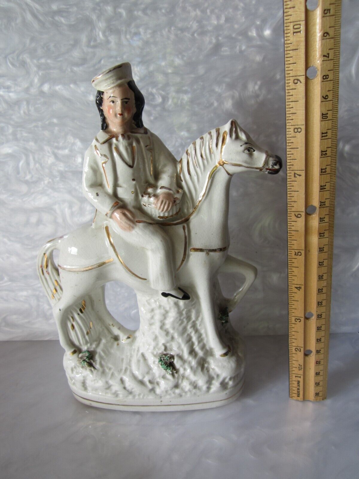 BEAUTIFUL ORIGINAL ANTIQUE 1800S STAFFORDSHIRE PRINCE ON HORSEBACK FIGURINE 9.5"