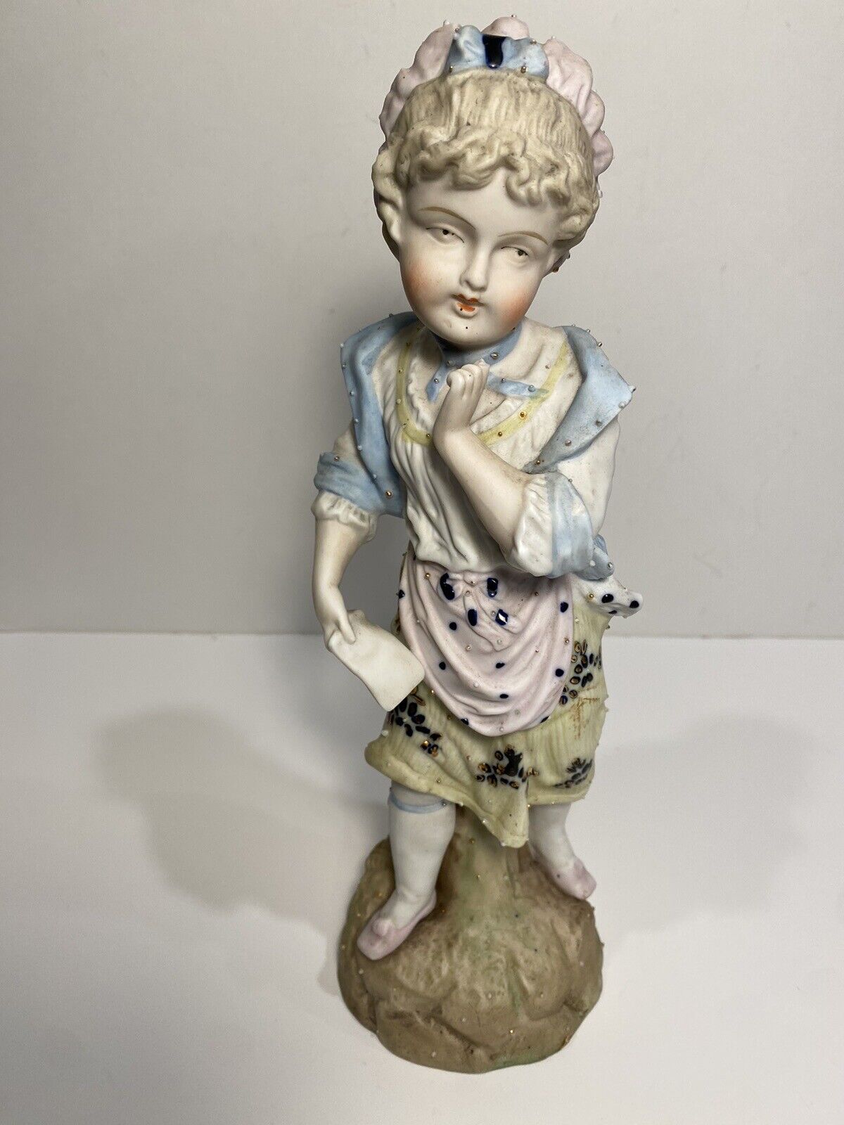 Antique German Bisque Figurine Woman With Raised Accents Soft Pastel, 1800s Read