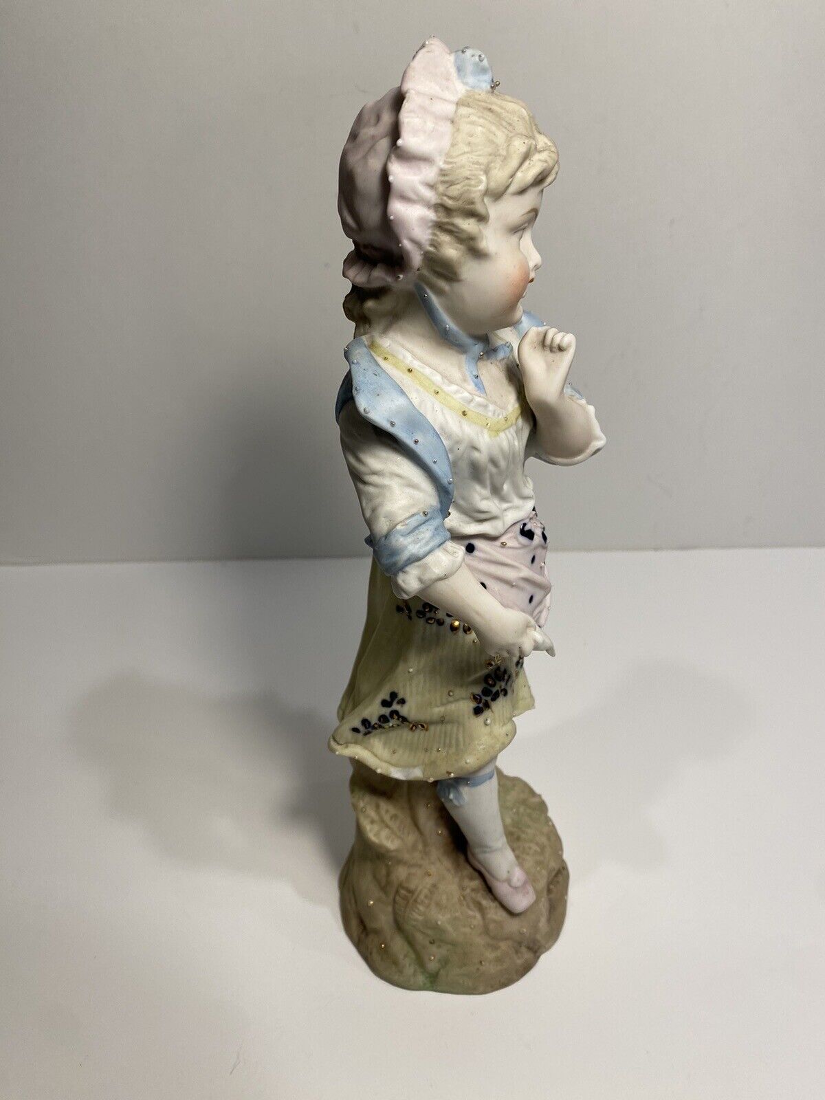 Antique German Bisque Figurine Woman With Raised Accents Soft Pastel, 1800s Read