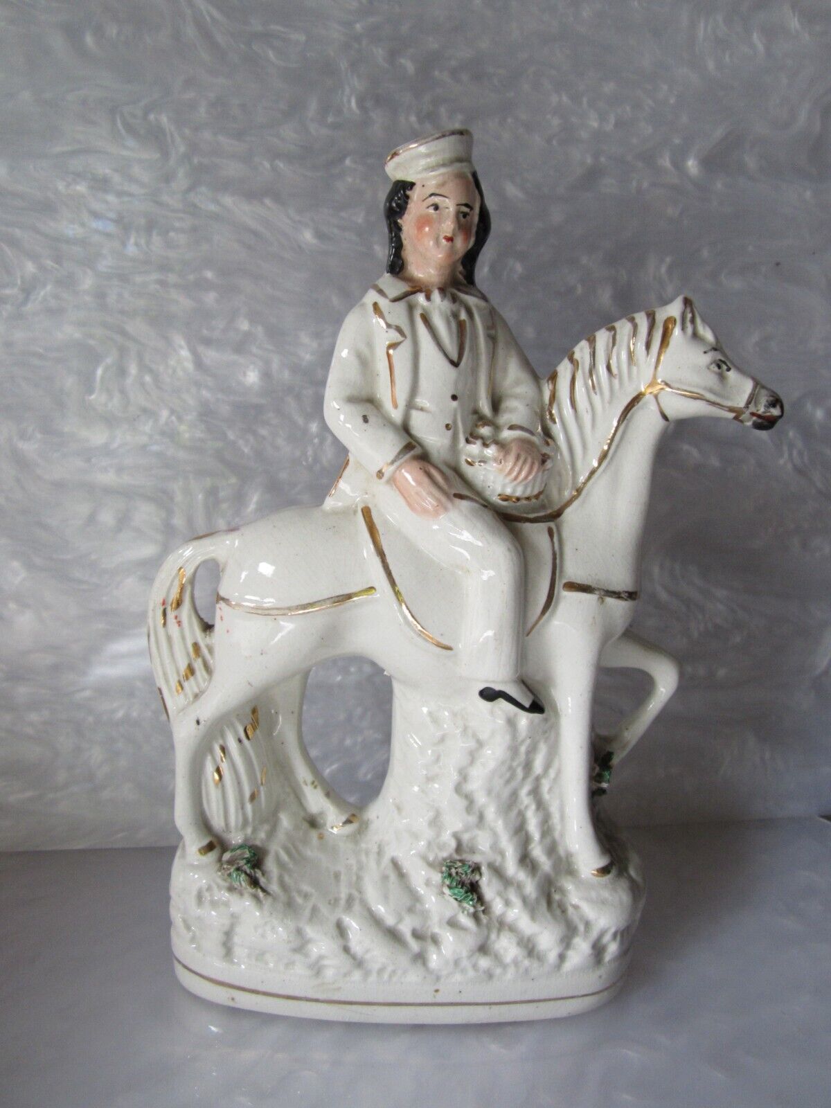 BEAUTIFUL ORIGINAL ANTIQUE 1800S STAFFORDSHIRE PRINCE ON HORSEBACK FIGURINE 9.5"