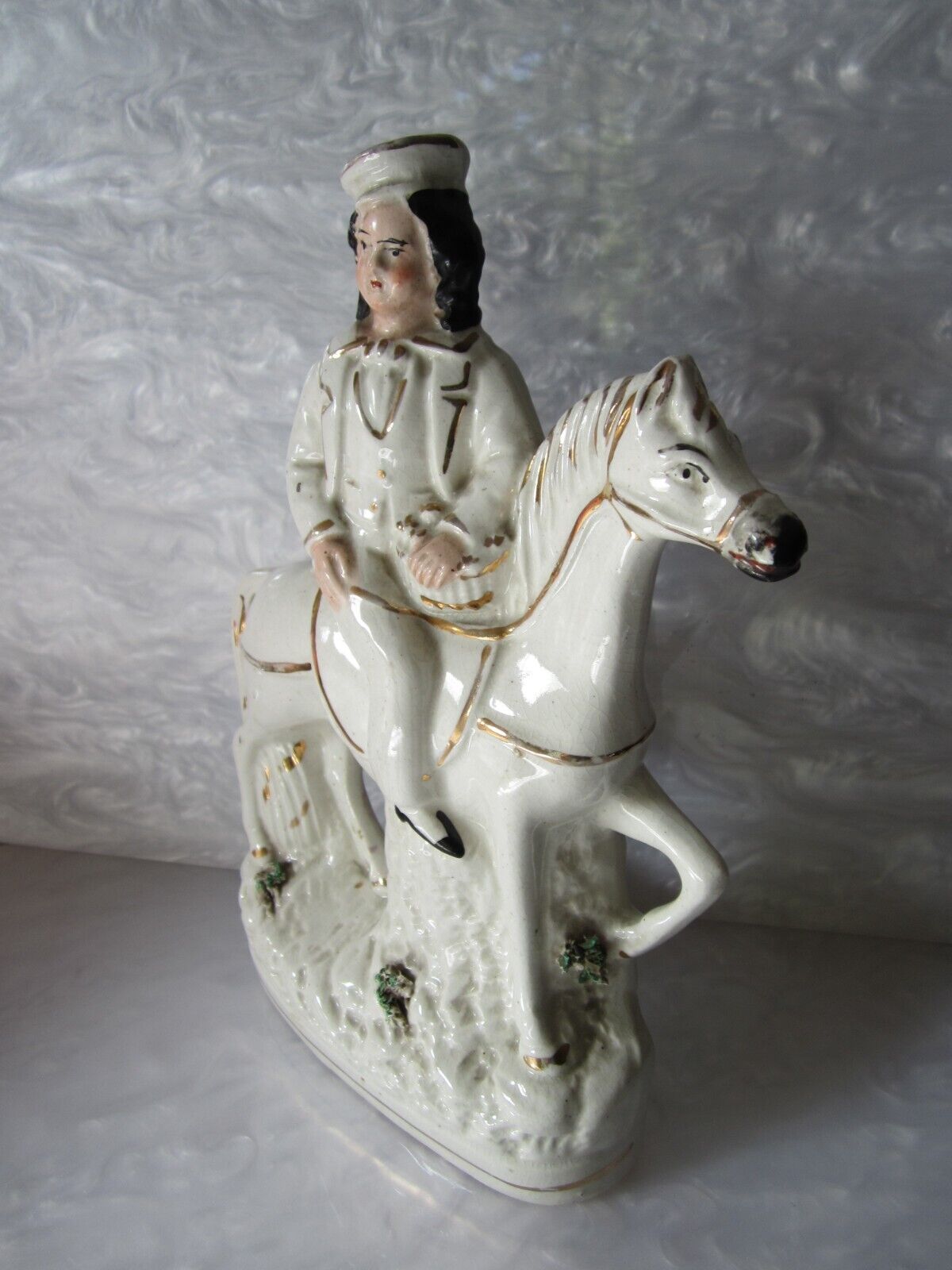 BEAUTIFUL ORIGINAL ANTIQUE 1800S STAFFORDSHIRE PRINCE ON HORSEBACK FIGURINE 9.5"