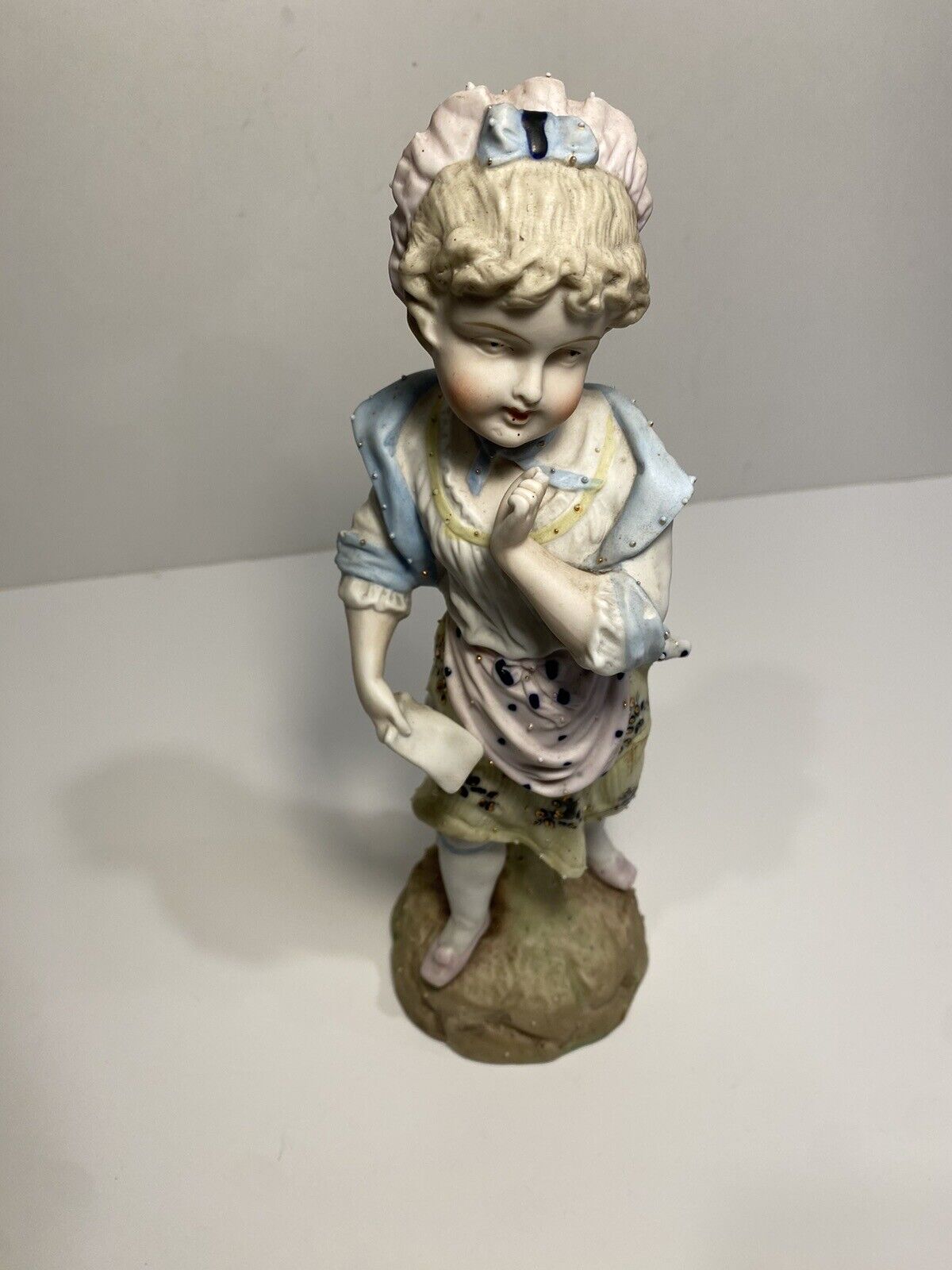 Antique German Bisque Figurine Woman With Raised Accents Soft Pastel, 1800s Read