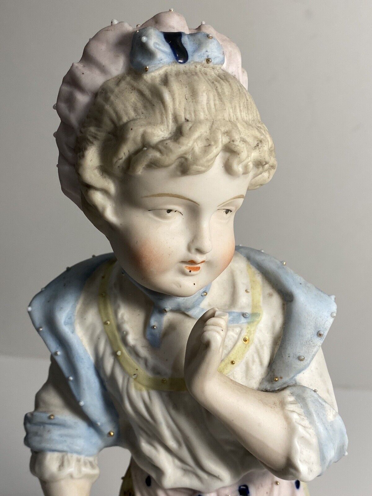 Antique German Bisque Figurine Woman With Raised Accents Soft Pastel, 1800s Read