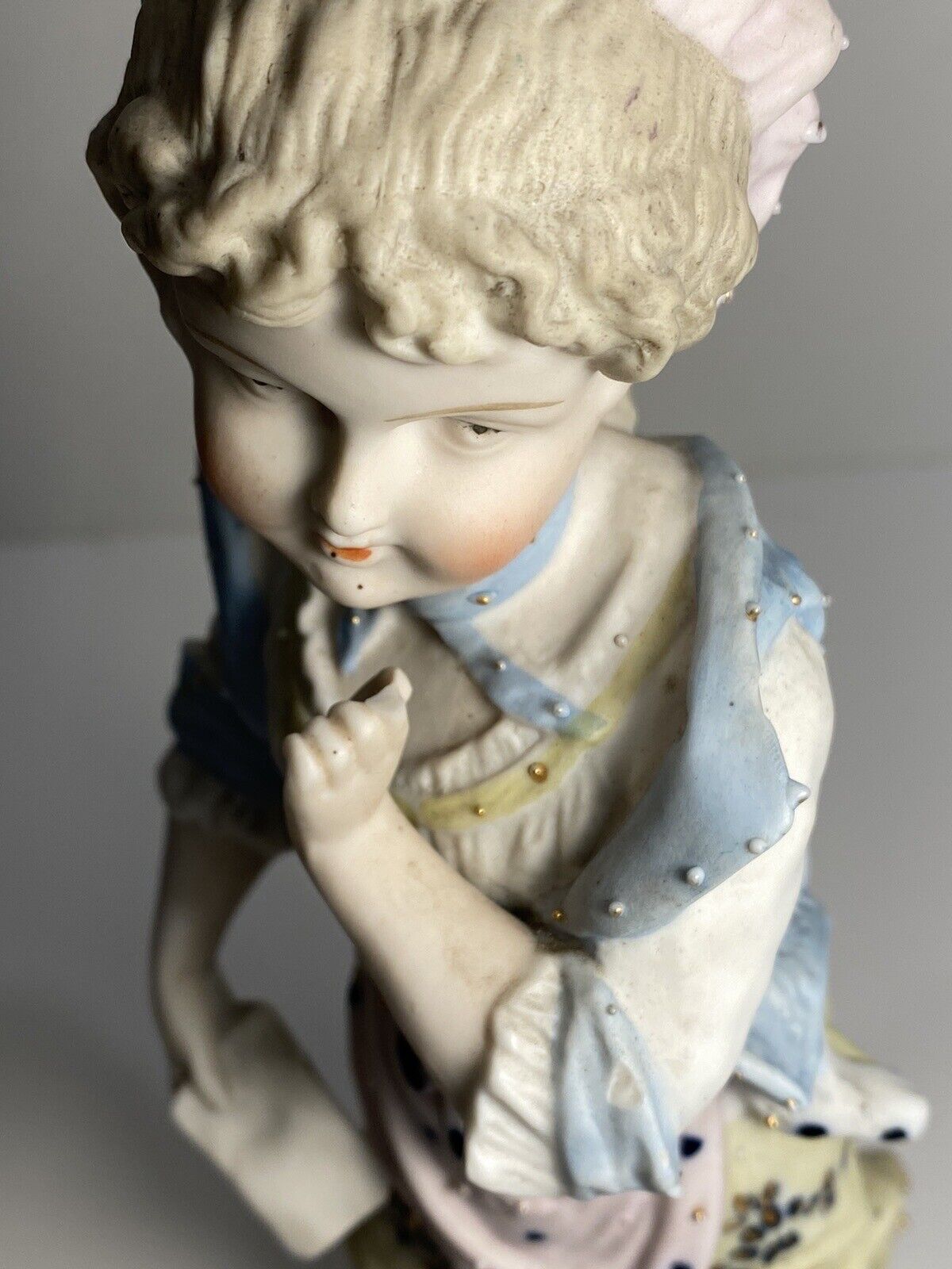 Antique German Bisque Figurine Woman With Raised Accents Soft Pastel, 1800s Read