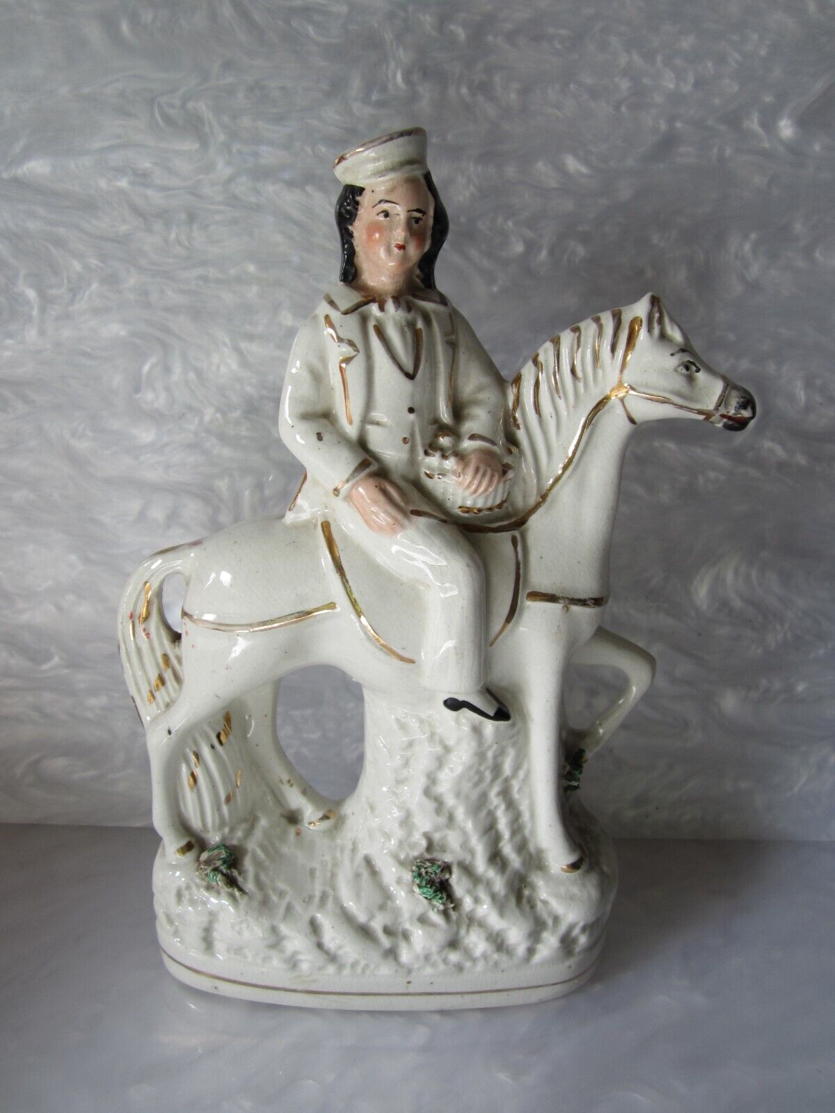 BEAUTIFUL ORIGINAL ANTIQUE 1800S STAFFORDSHIRE PRINCE ON HORSEBACK FIGURINE 9.5"
