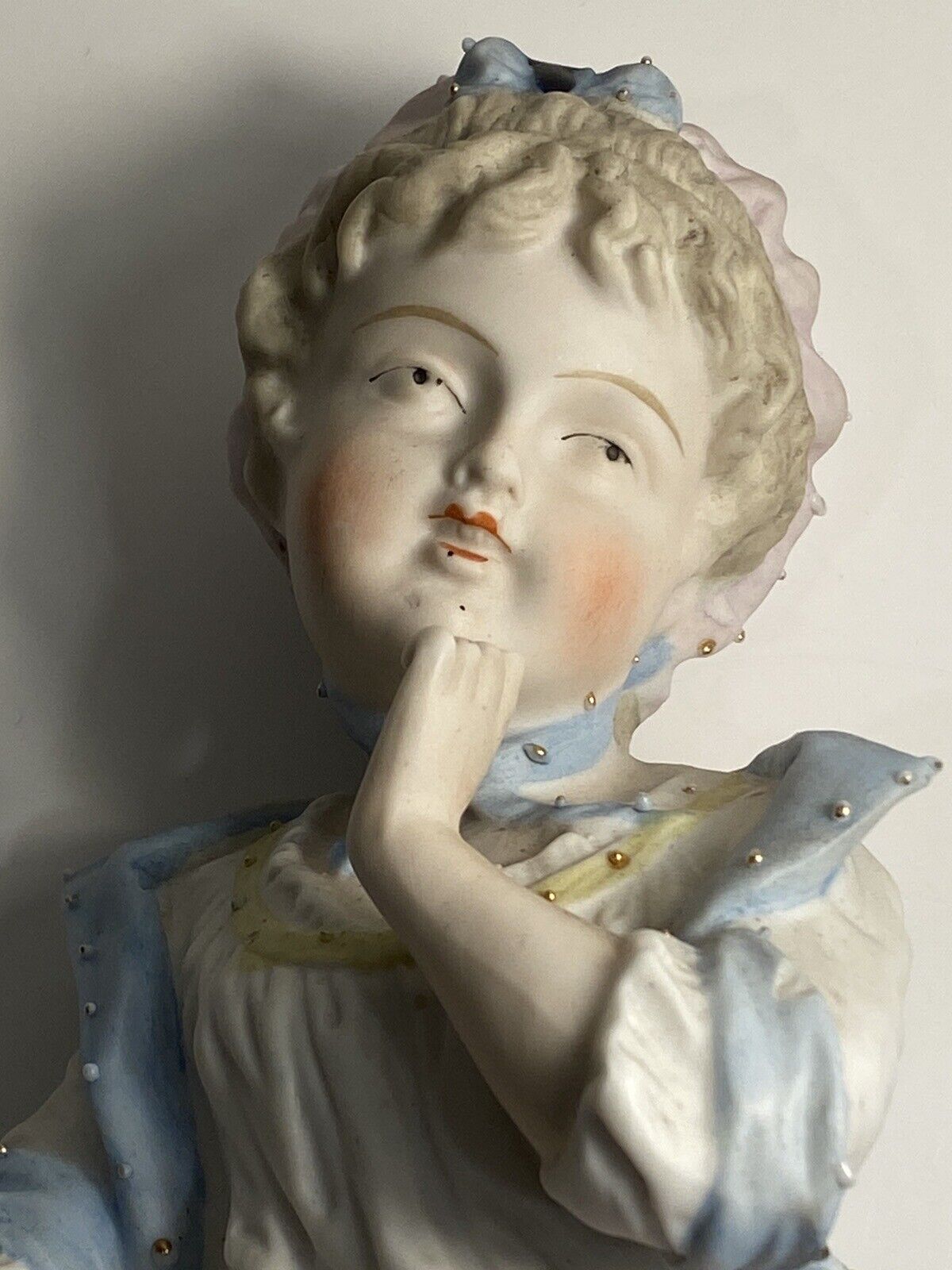 Antique German Bisque Figurine Woman With Raised Accents Soft Pastel, 1800s Read