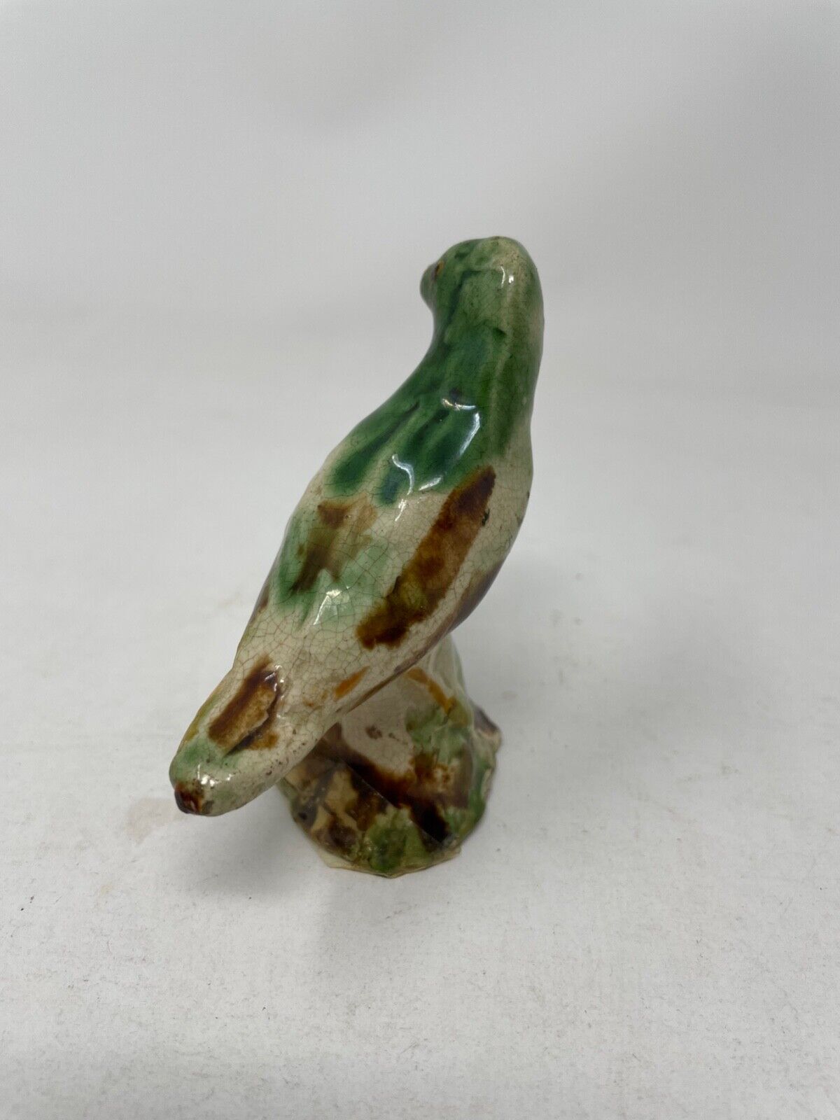 Green & Ochre Color Bird Small Staffordshire Hand Formed Creamware 1700s on Base