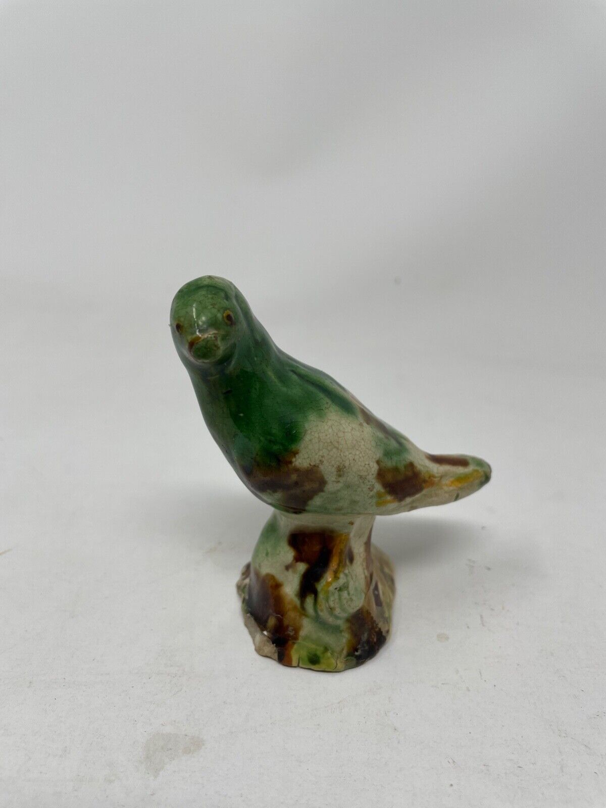Green & Ochre Color Bird Small Staffordshire Hand Formed Creamware 1700s on Base