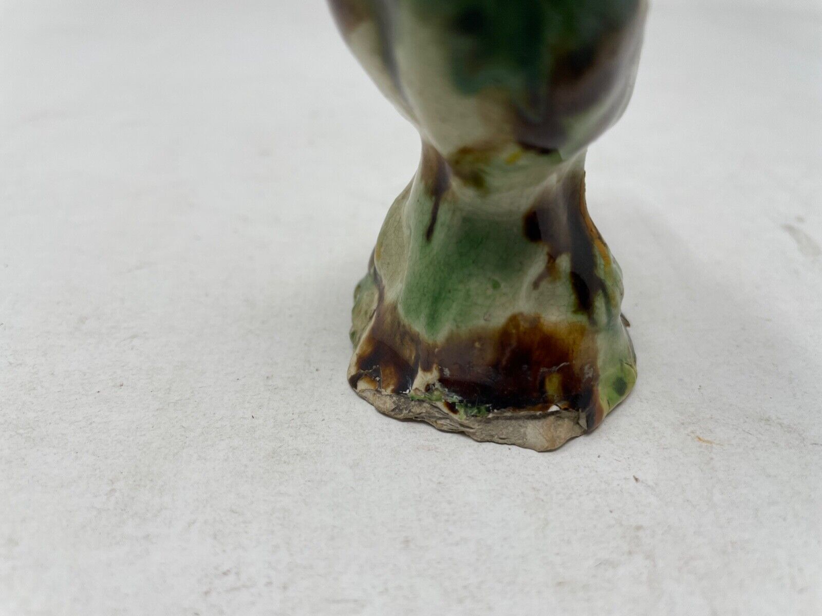 Green & Ochre Color Bird Small Staffordshire Hand Formed Creamware 1700s on Base