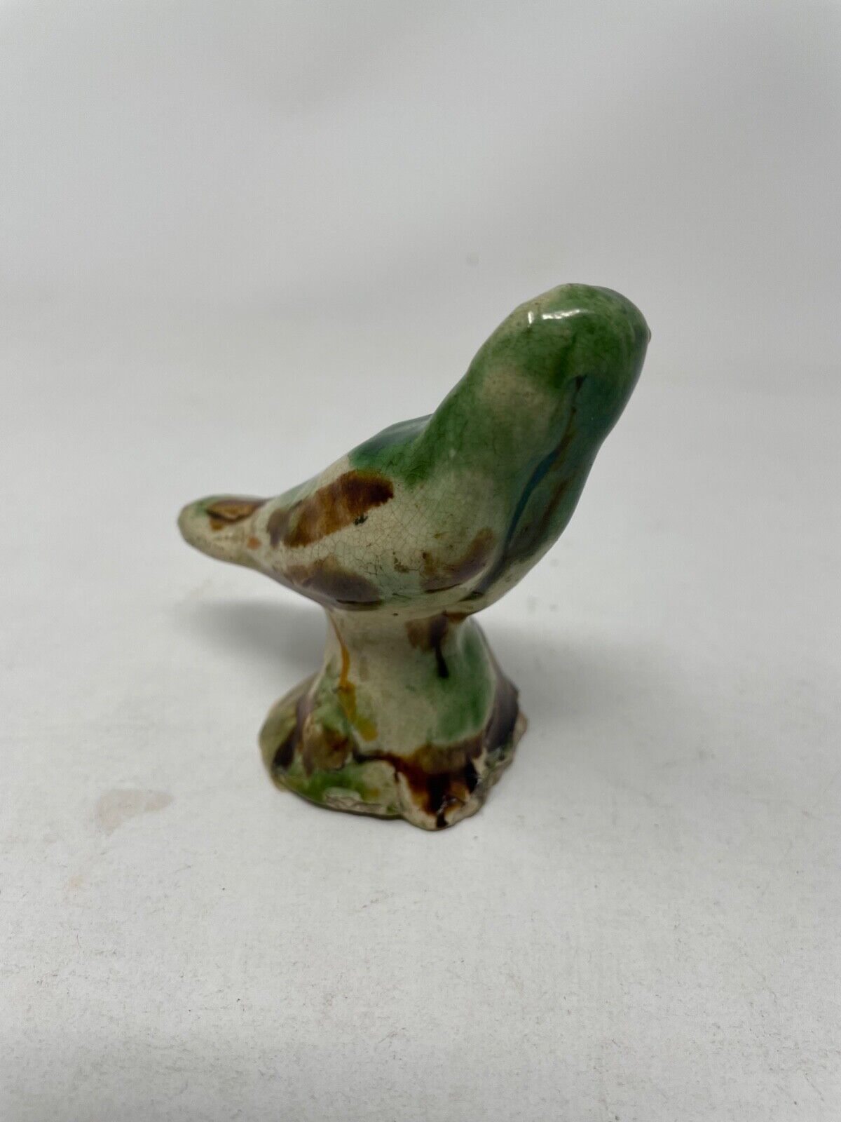Green & Ochre Color Bird Small Staffordshire Hand Formed Creamware 1700s on Base