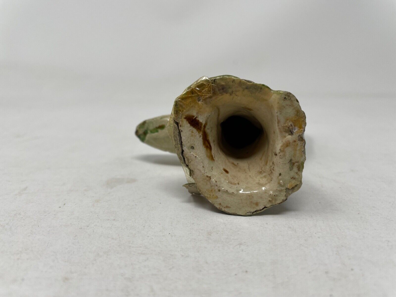 Green & Ochre Color Bird Small Staffordshire Hand Formed Creamware 1700s on Base