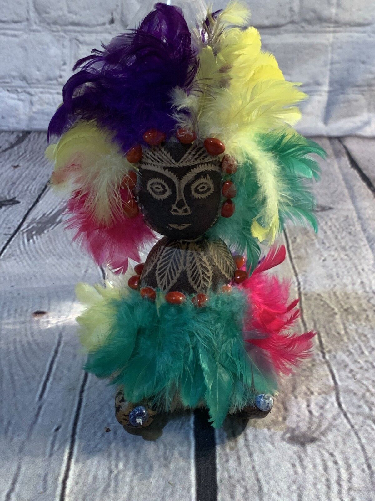 Vintage Hand Painted African Tribal doll with Multicolor Feather Beaded, collect