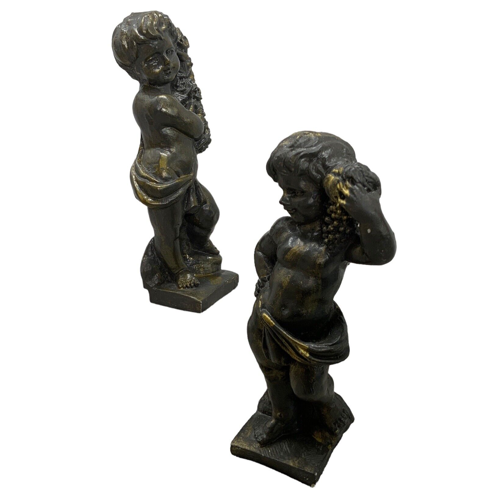 Vintage Statue Pair Boys Harvest Grapes Roses Plaster Bronze Finish 18th Century